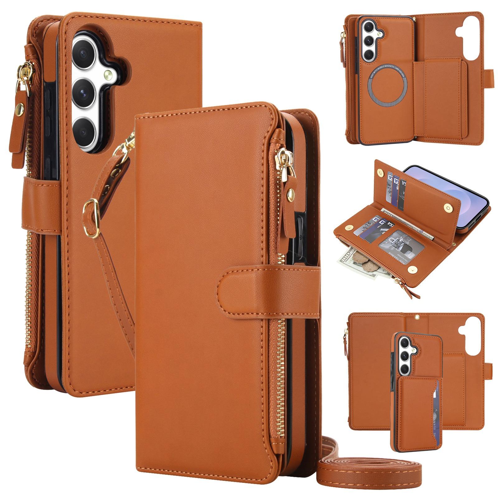 For Galaxy A54 5G KLT-033 Detachable 2 in 1 Zipper Wallet Magnetic Phone Case with Lanyard(Brown) - Shopkiz.com