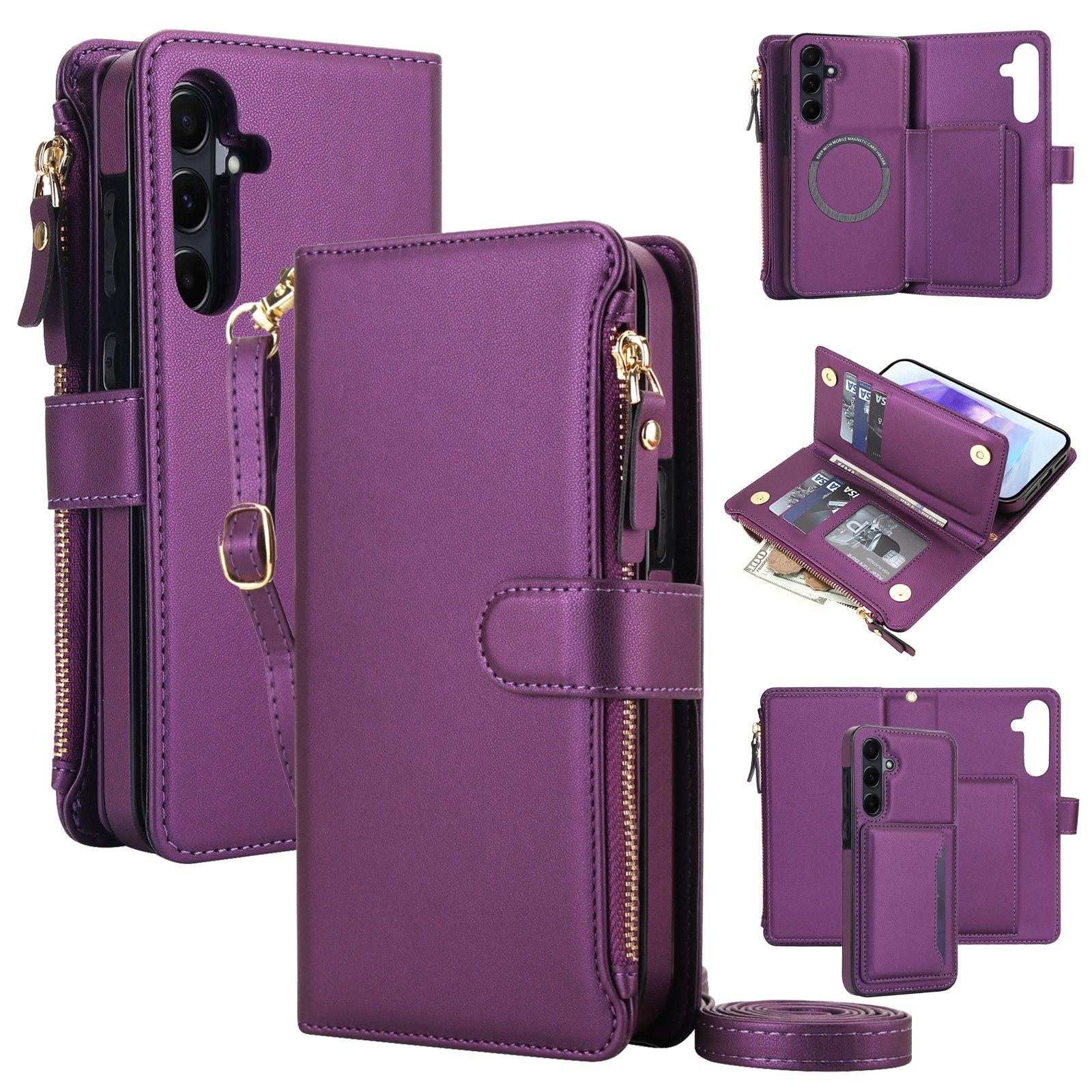 For Galaxy A55 5G KLT-033 Detachable 2 in 1 Zipper Wallet Magnetic Phone Case with Lanyard(Purple) - Shopkiz.com