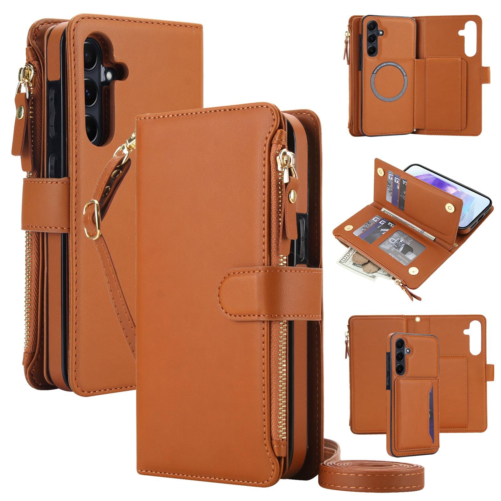 For Galaxy A55 5G KLT-033 Detachable 2 in 1 Zipper Wallet Magnetic Phone Case with Lanyard(Brown) - Shopkiz.com