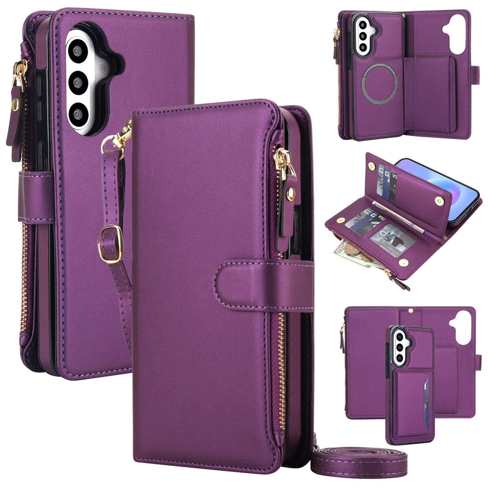 For Galaxy A57 5G KLT-033 Detachable 2 in 1 Zipper Wallet Magnetic Phone Case with Lanyard(Purple) - Shopkiz.com