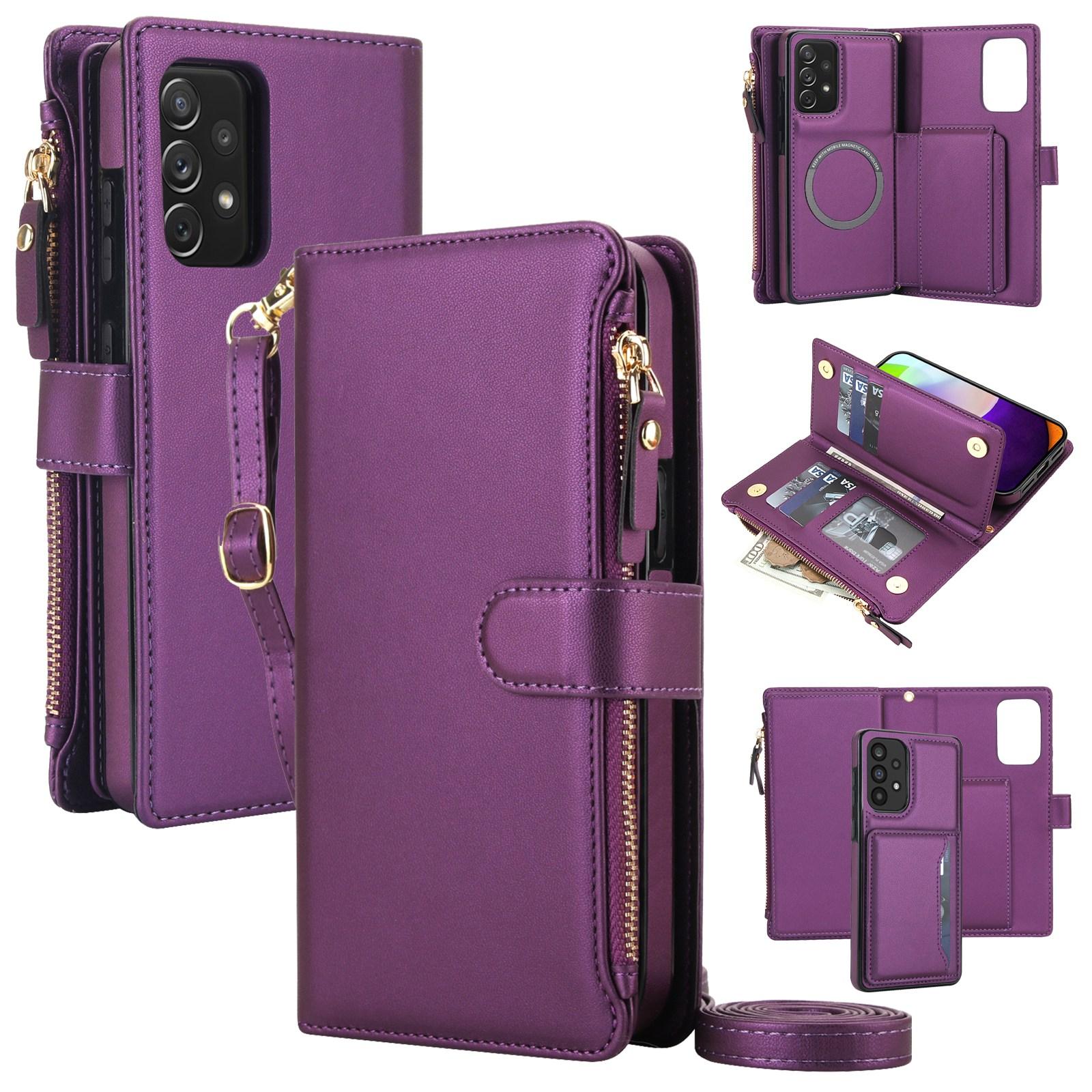 For Galaxy A72 5G KLT-033 Detachable 2 in 1 Zipper Wallet Magnetic Phone Case with Lanyard(Purple) - Shopkiz.com