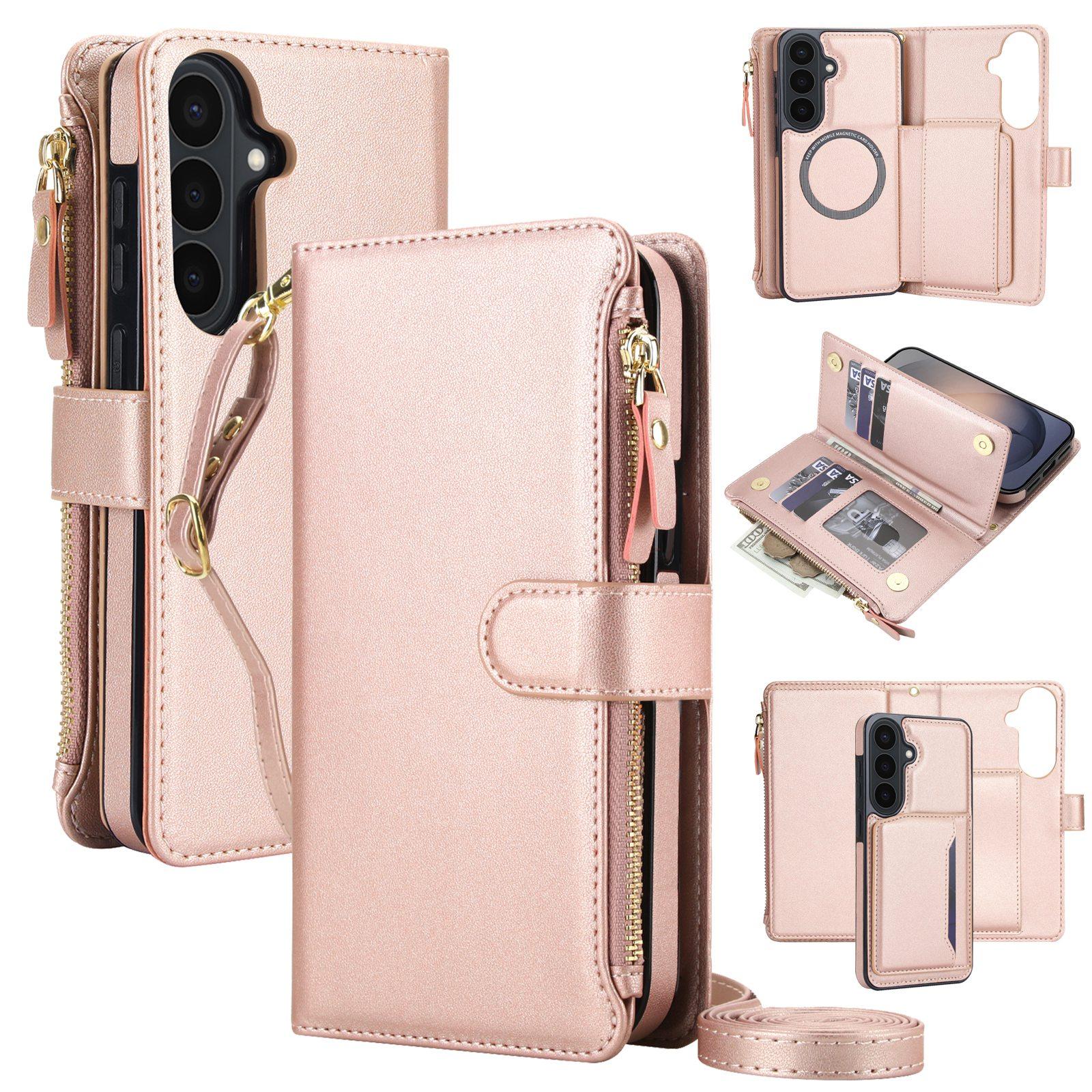 For Galaxy S26 FE 5G KLT-033 Detachable 2 in 1 Zipper Wallet Magnetic Phone Case with Lanyard(Rose Gold) - Shopkiz.com