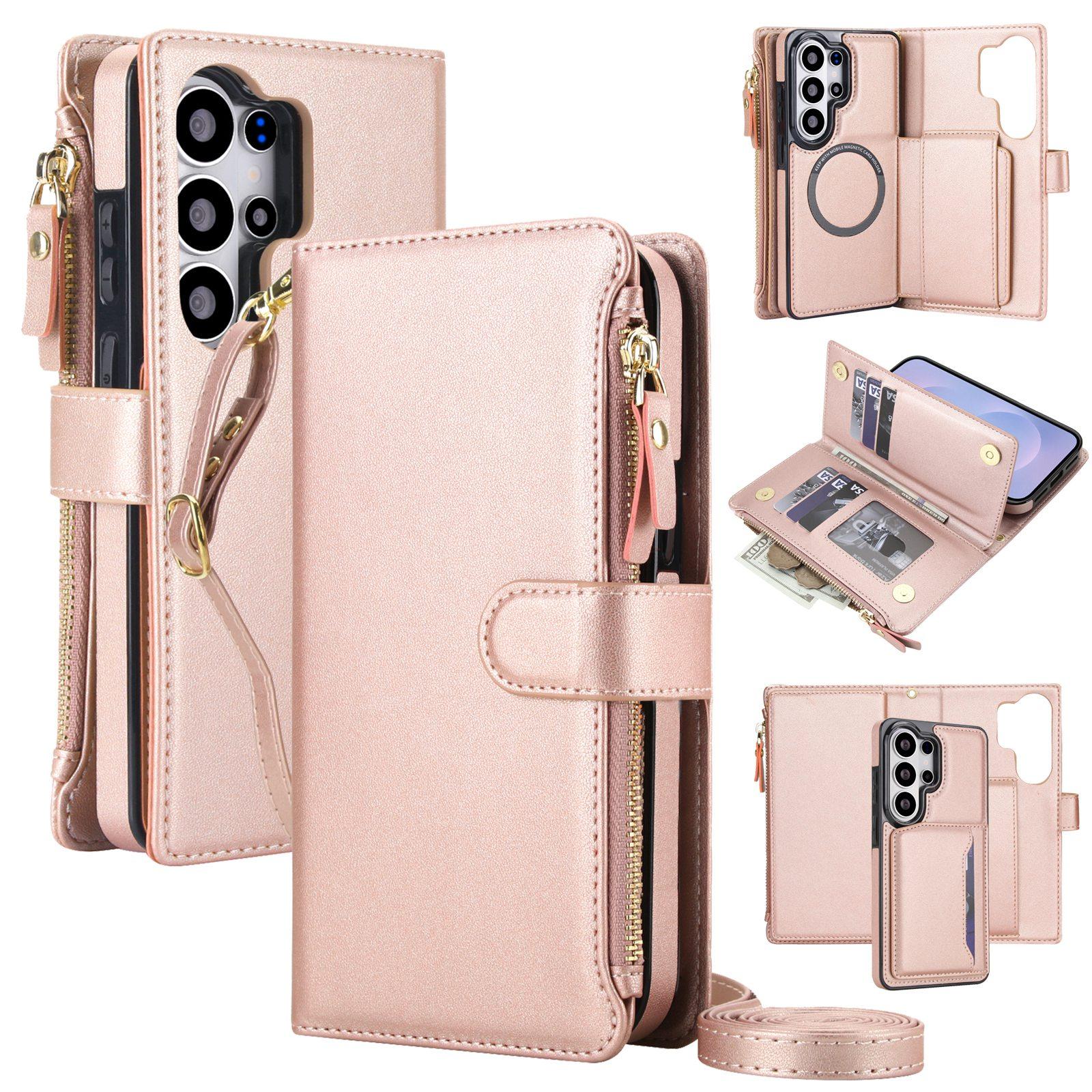 For Galaxy S26 Ultra 5G KLT-033 Detachable 2 in 1 Zipper Wallet Magnetic Phone Case with Lanyard(Rose Gold) - Shopkiz.com