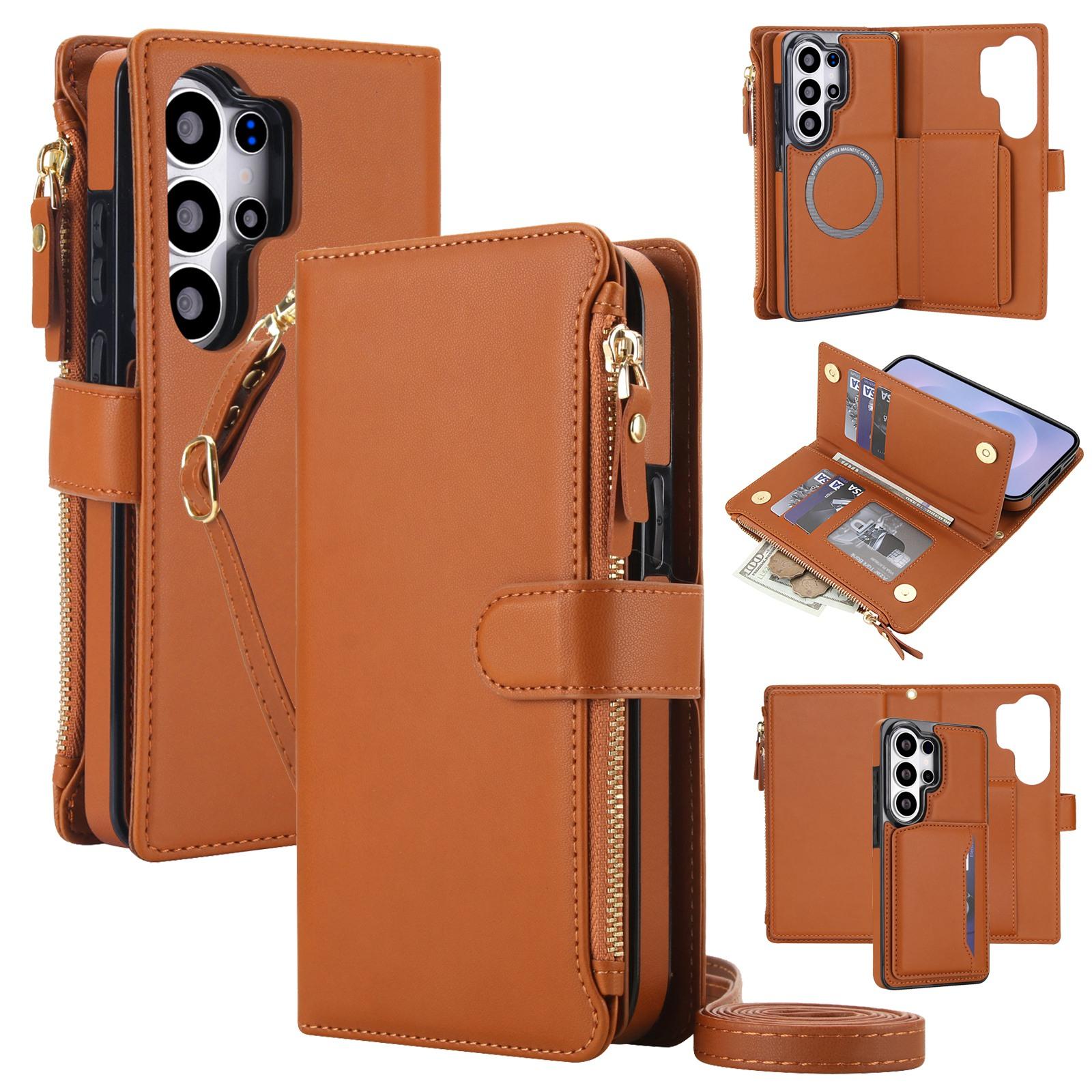 For Galaxy S26 Ultra 5G KLT-033 Detachable 2 in 1 Zipper Wallet Magnetic Phone Case with Lanyard(Brown) - Shopkiz.com