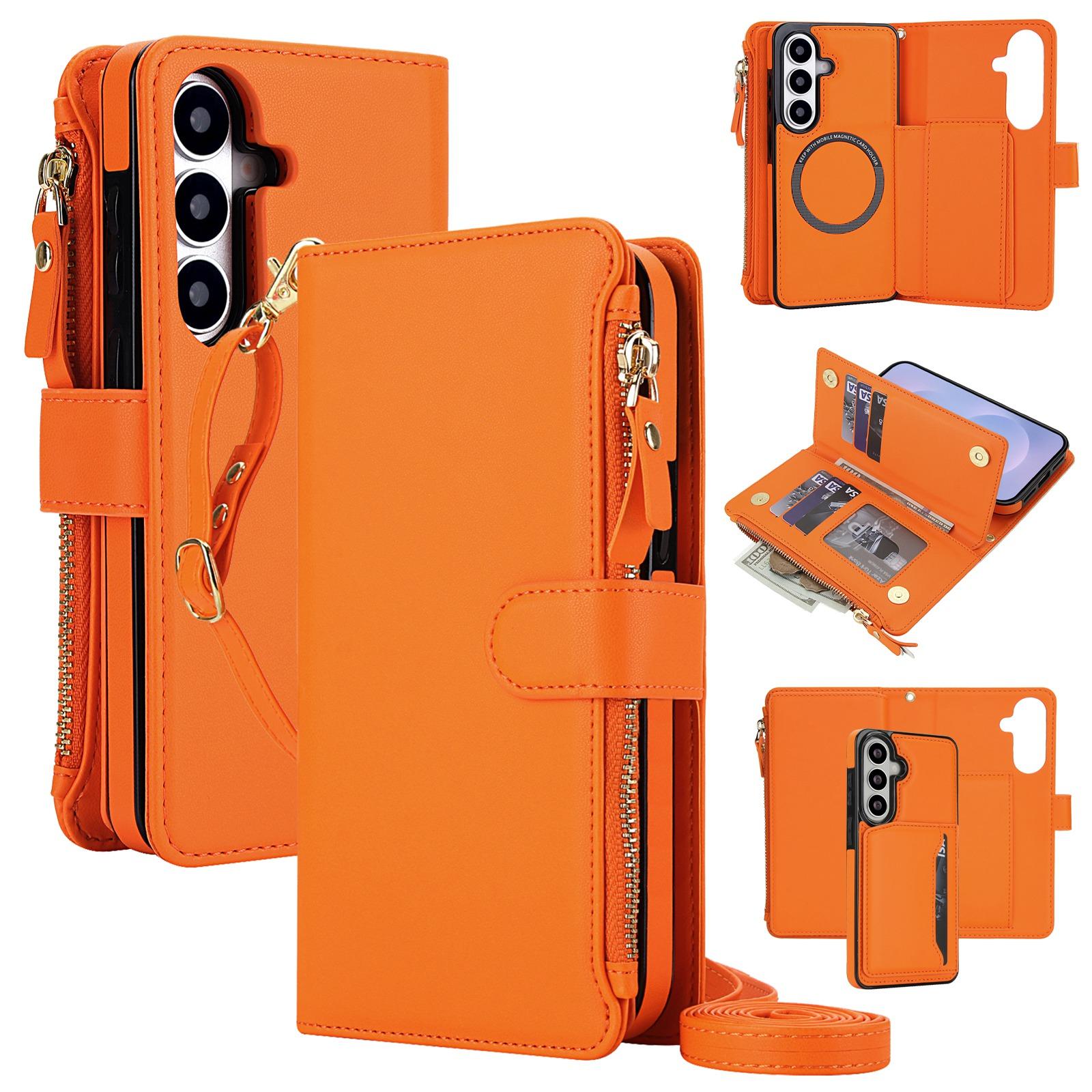 For Galaxy S26 5G KLT-033 Detachable 2 in 1 Zipper Wallet Magnetic Phone Case with Lanyard(Orange) - Shopkiz.com