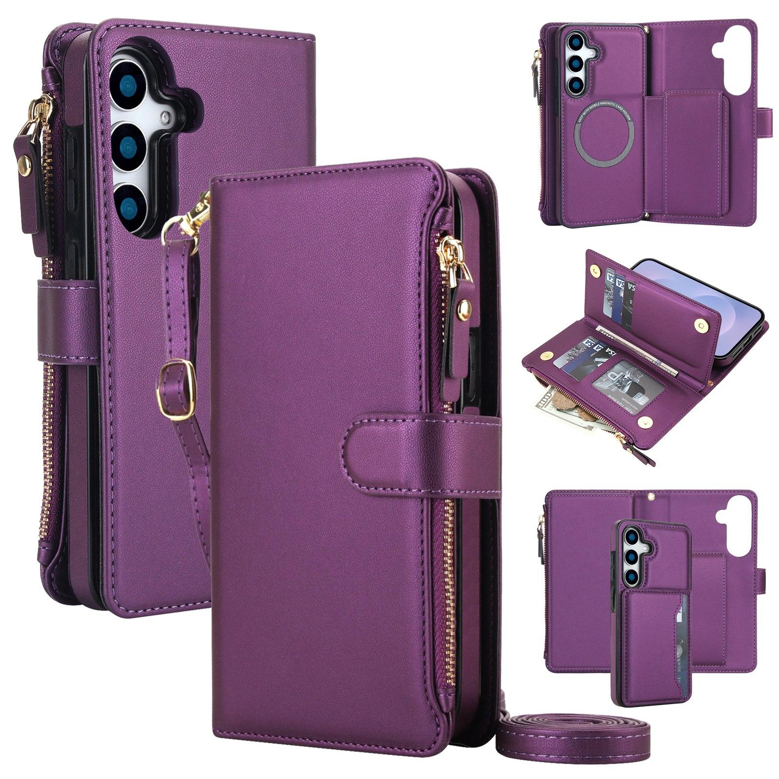 For Galaxy S25 FE 5G KLT-033 Detachable 2 in 1 Zipper Wallet Magnetic Phone Case with Lanyard(Purple) - Shopkiz.com