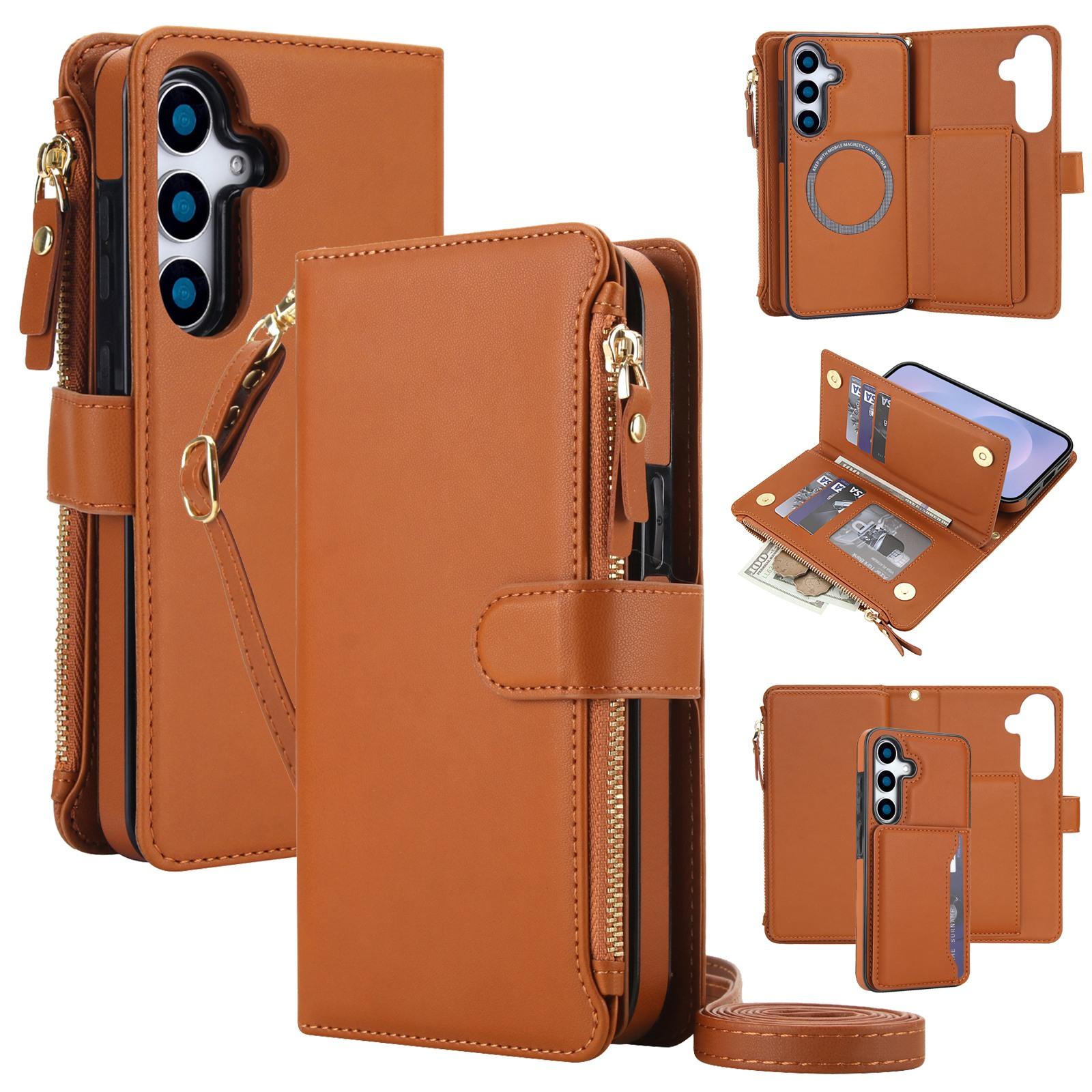 For Galaxy S25 FE 5G KLT-033 Detachable 2 in 1 Zipper Wallet Magnetic Phone Case with Lanyard(Brown) - Shopkiz.com