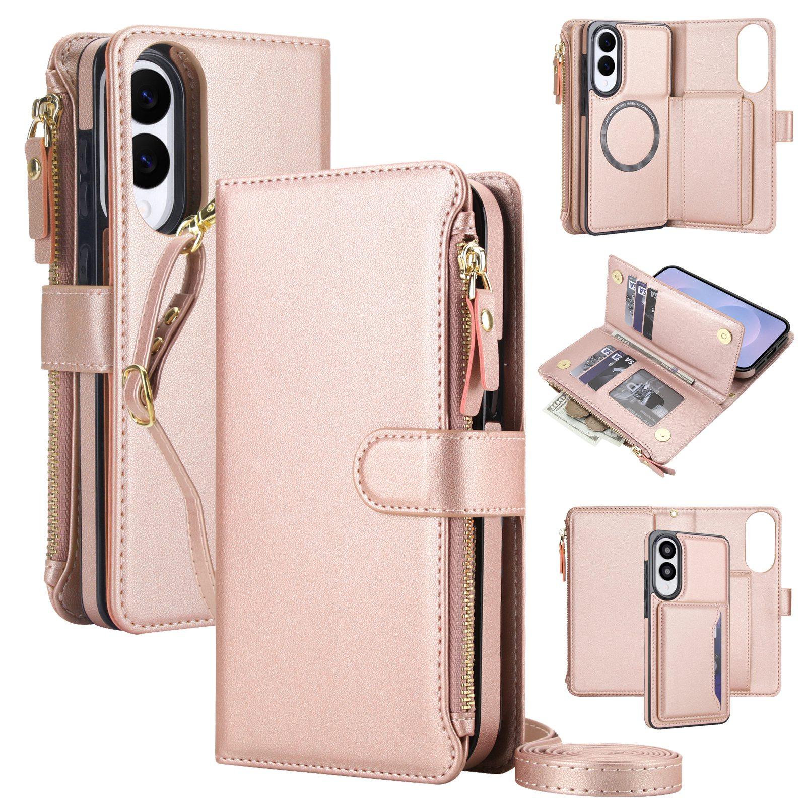 For Galaxy S25 Edge 5G KLT-033 Detachable 2 in 1 Zipper Wallet Magnetic Phone Case with Lanyard(Rose Gold) - Shopkiz.com
