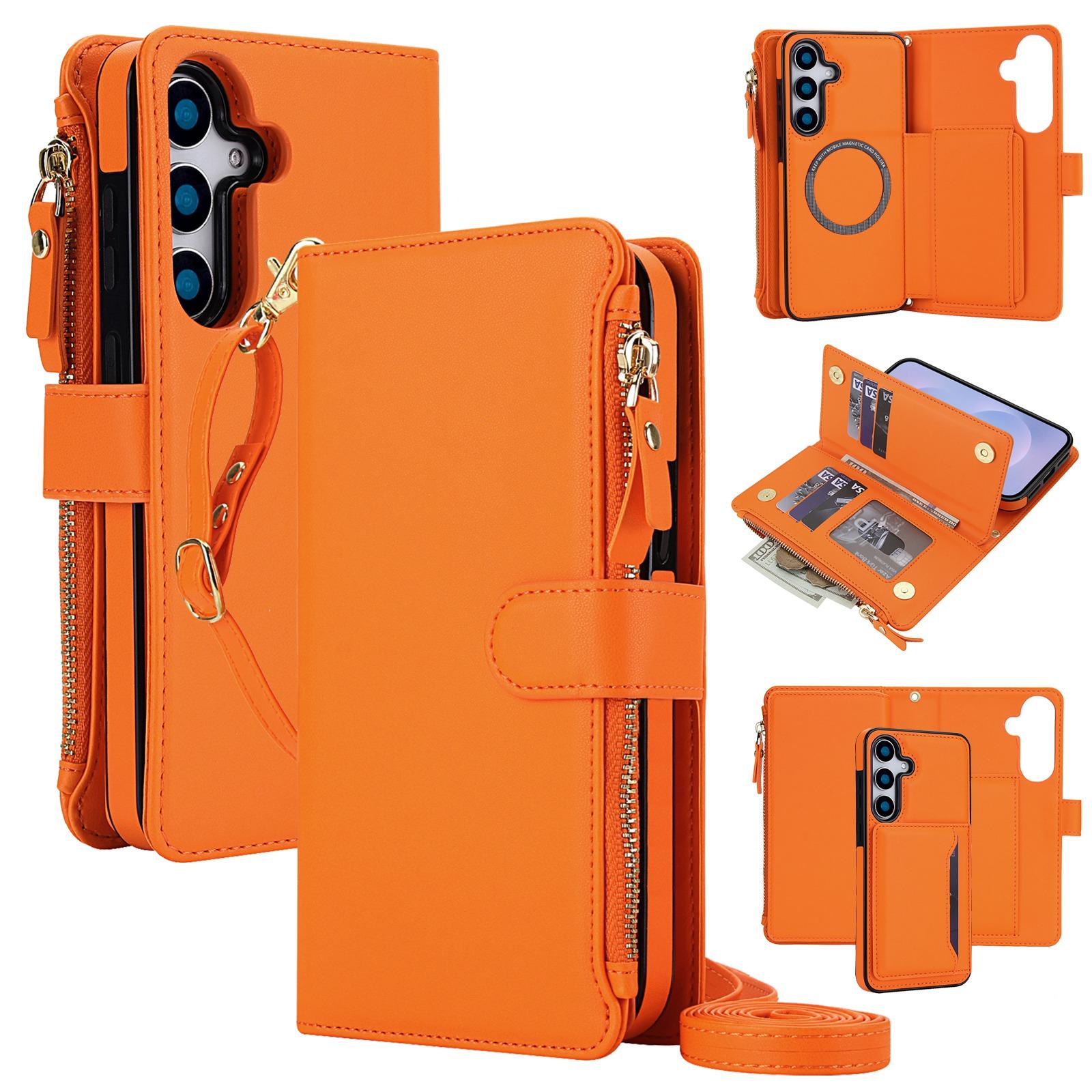 For Galaxy S25 5G KLT-033 Detachable 2 in 1 Zipper Wallet Magnetic Phone Case with Lanyard(Orange) - Shopkiz.com