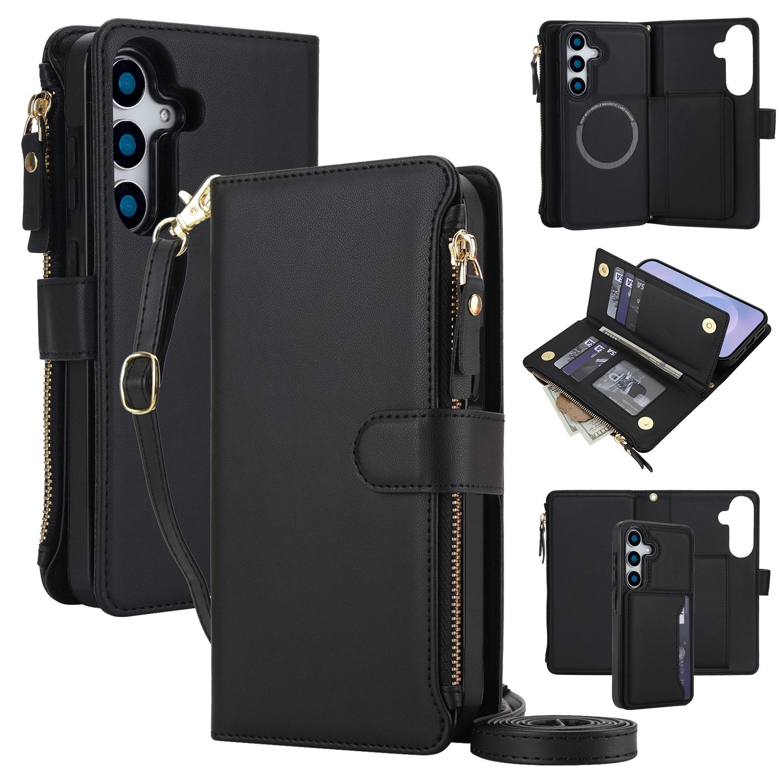 For Galaxy S25 5G KLT-033 Detachable 2 in 1 Zipper Wallet Magnetic Phone Case with Lanyard(Black) - Shopkiz.com