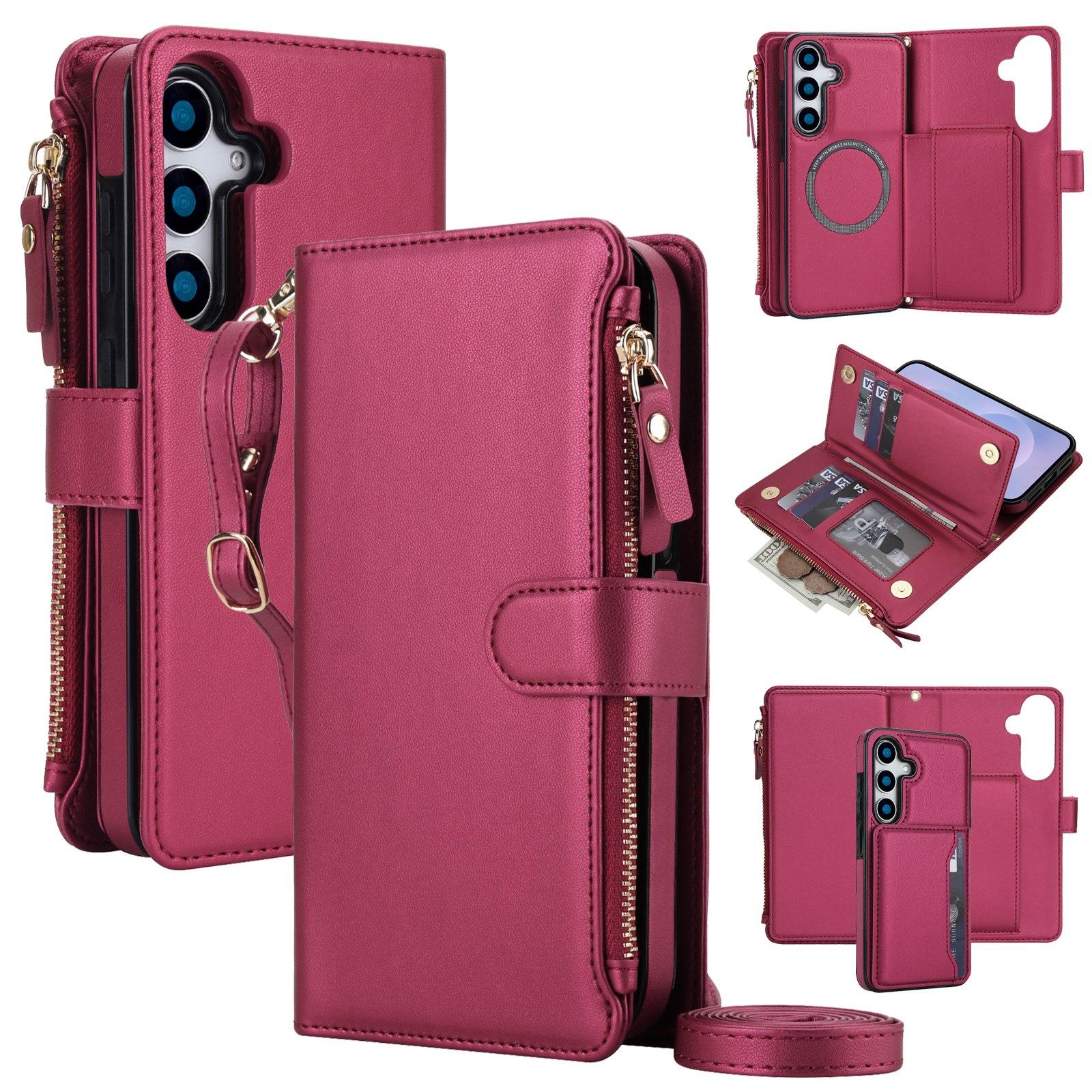 For Galaxy S25 5G KLT-033 Detachable 2 in 1 Zipper Wallet Magnetic Phone Case with Lanyard(Red) - Shopkiz.com