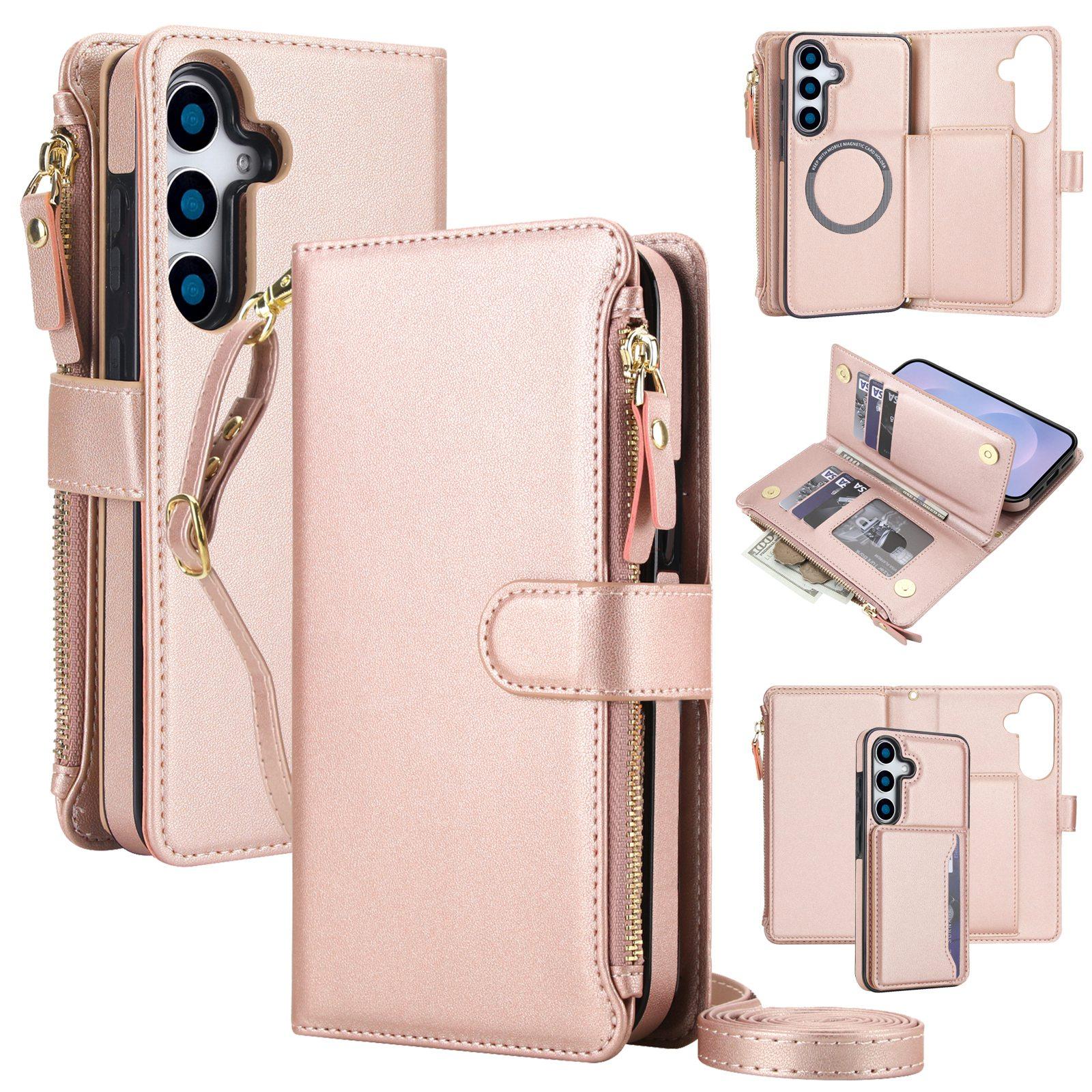 For Galaxy S25 5G KLT-033 Detachable 2 in 1 Zipper Wallet Magnetic Phone Case with Lanyard(Rose Gold) - Shopkiz.com