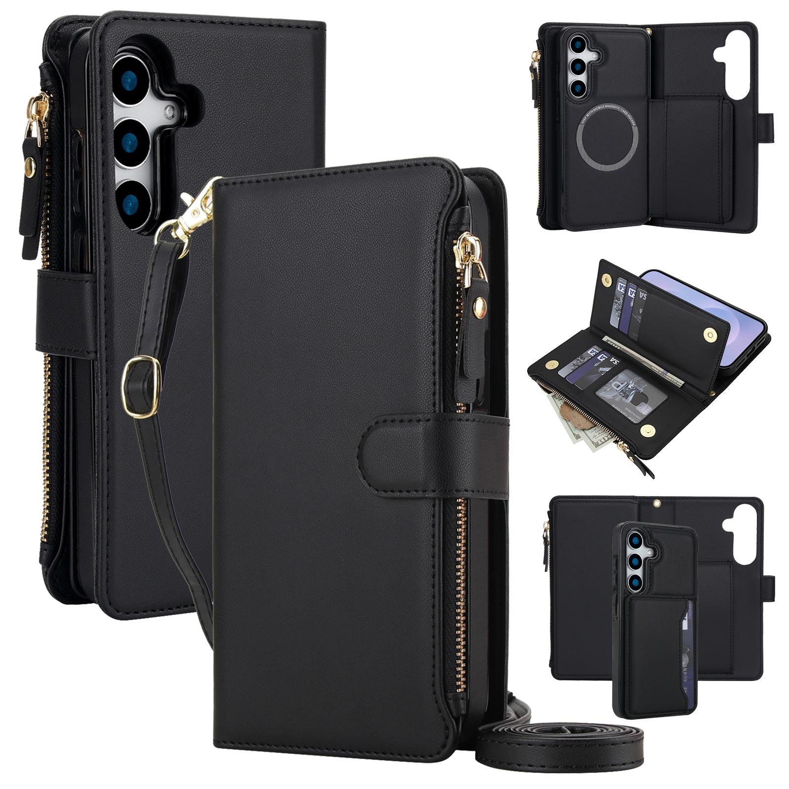 For Galaxy S25+ 5G KLT-033 Detachable 2 in 1 Zipper Wallet Magnetic Phone Case with Lanyard(Black) - Shopkiz.com