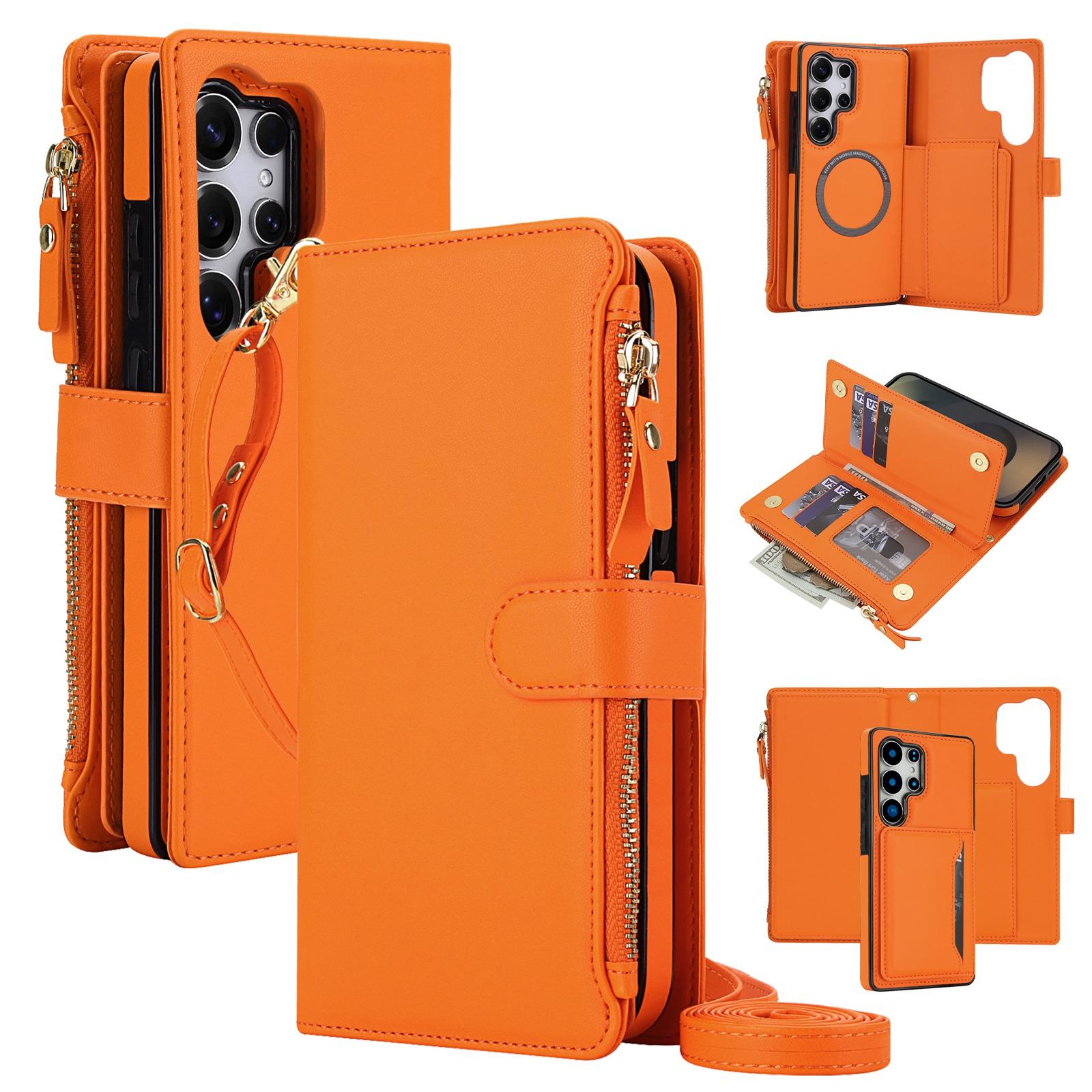 For Galaxy S25 Ultra 5G KLT-033 Detachable 2 in 1 Zipper Wallet Magnetic Phone Case with Lanyard(Orange) - Shopkiz.com