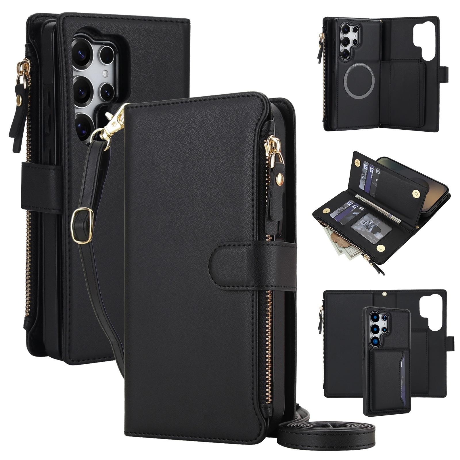 For Galaxy S25 Ultra 5G KLT-033 Detachable 2 in 1 Zipper Wallet Magnetic Phone Case with Lanyard(Black) - Shopkiz.com