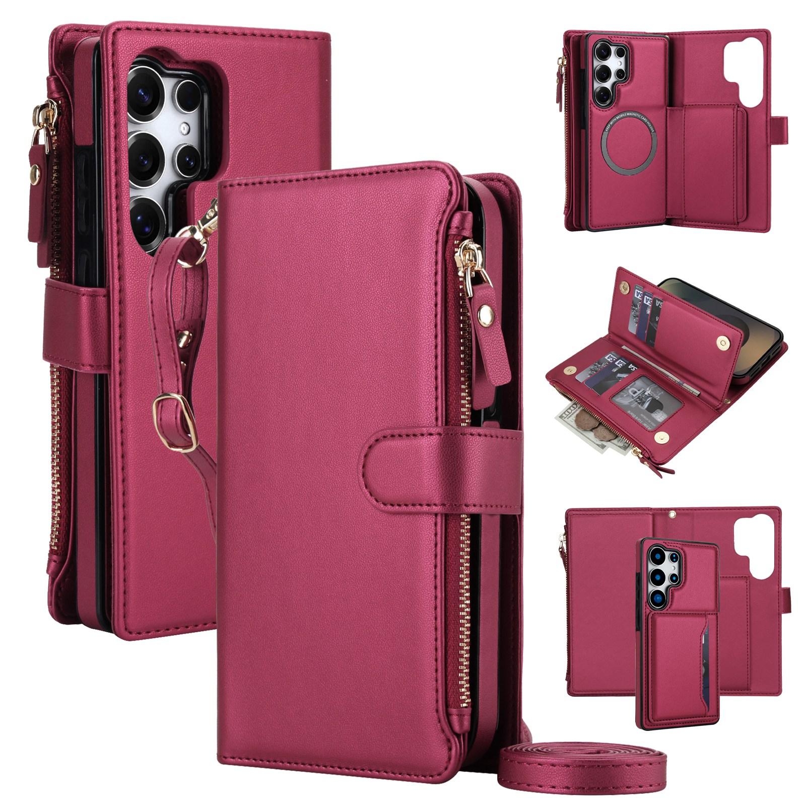 For Galaxy S25 Ultra 5G KLT-033 Detachable 2 in 1 Zipper Wallet Magnetic Phone Case with Lanyard(Red) - Shopkiz.com