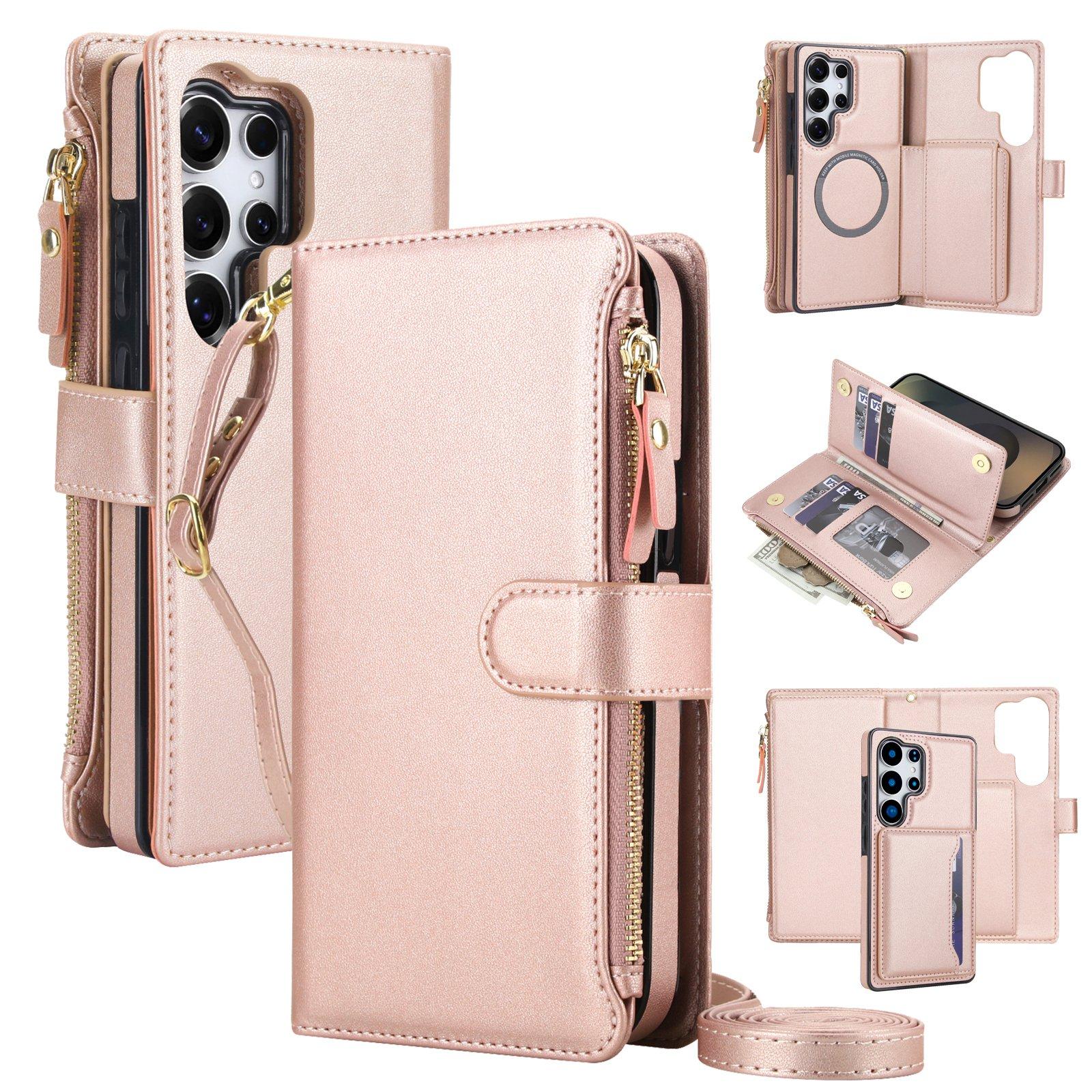 For Galaxy S25 Ultra 5G KLT-033 Detachable 2 in 1 Zipper Wallet Magnetic Phone Case with Lanyard(Rose Gold) - Shopkiz.com