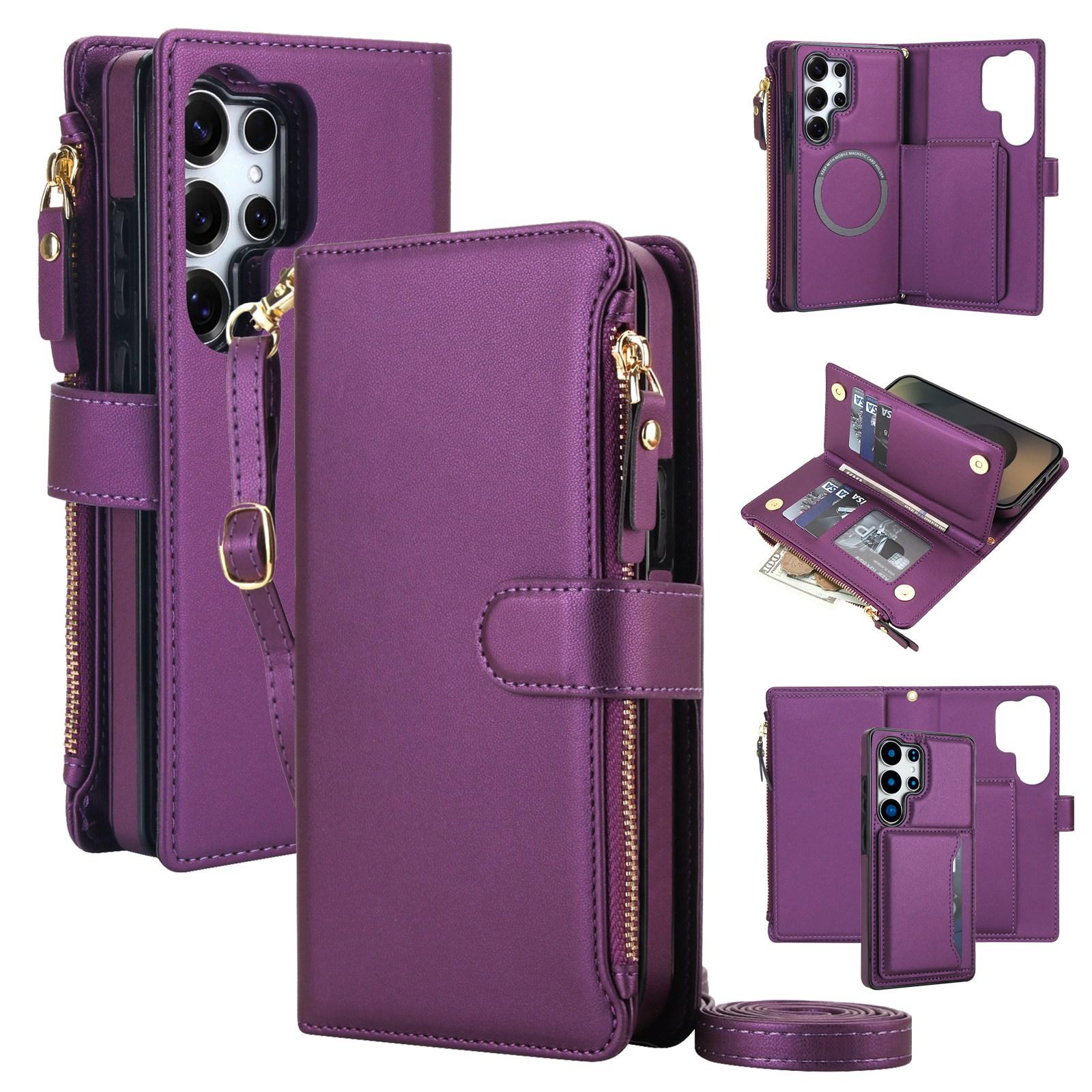 For Galaxy S25 Ultra 5G KLT-033 Detachable 2 in 1 Zipper Wallet Magnetic Phone Case with Lanyard(Purple) - Shopkiz.com