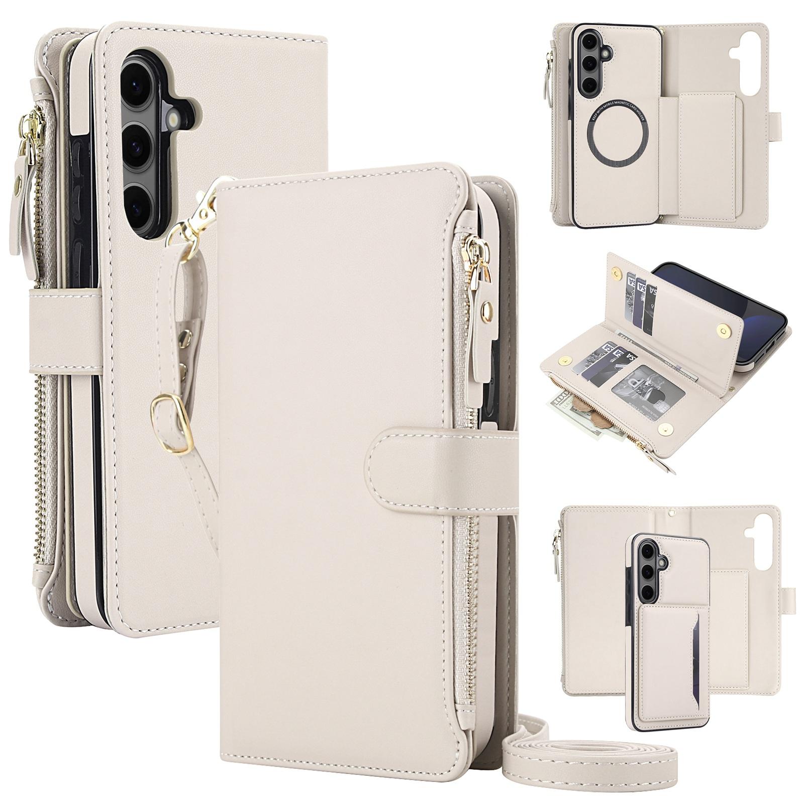 For Galaxy S24 FE 5G KLT-033 Detachable 2 in 1 Zipper Wallet Magnetic Phone Case with Lanyard(Apricot) - Shopkiz.com