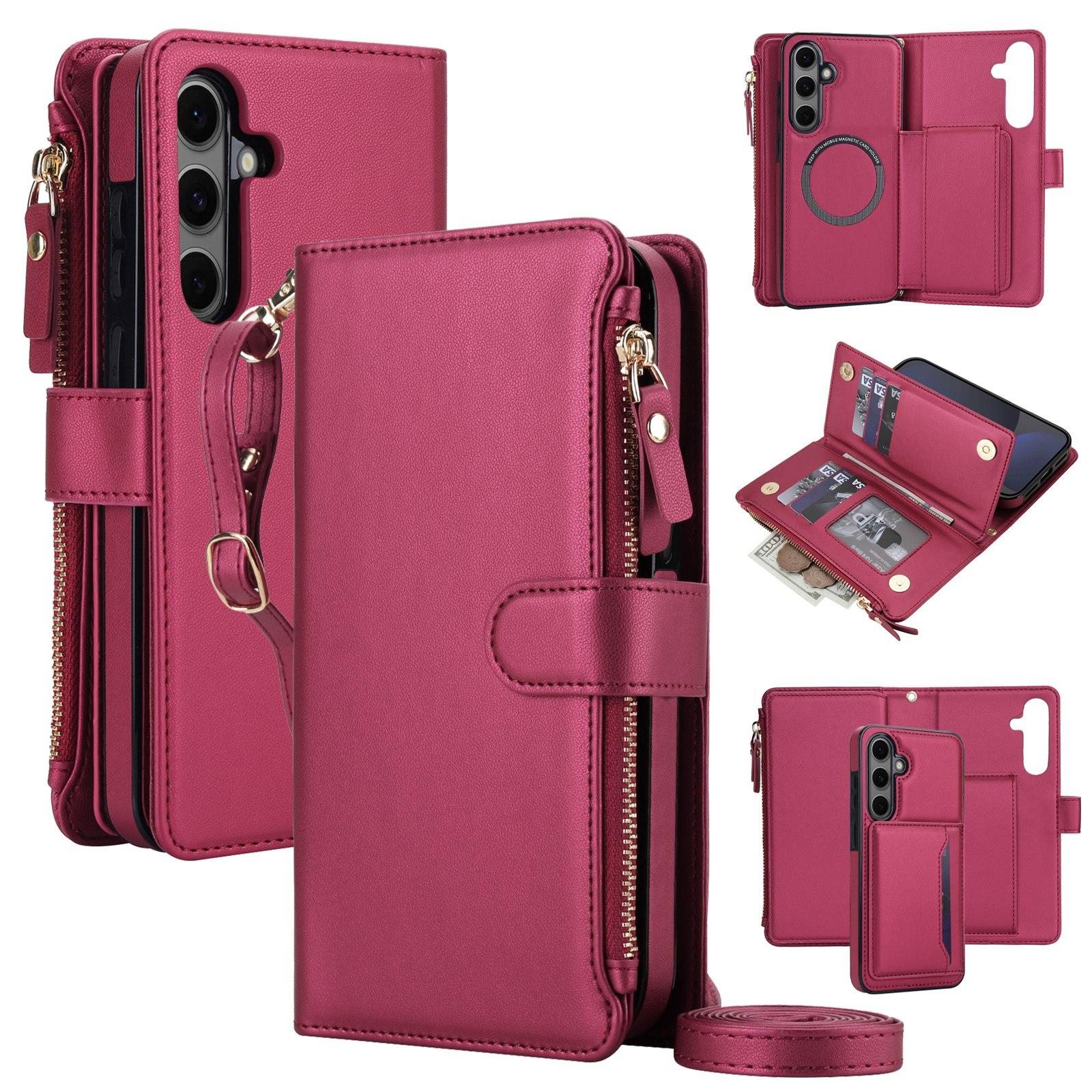 For Galaxy S24 FE 5G KLT-033 Detachable 2 in 1 Zipper Wallet Magnetic Phone Case with Lanyard(Red) - Shopkiz.com