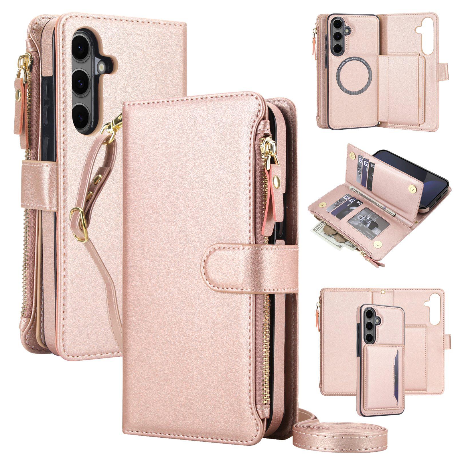 For Galaxy S24 FE 5G KLT-033 Detachable 2 in 1 Zipper Wallet Magnetic Phone Case with Lanyard(Rose Gold) - Shopkiz.com