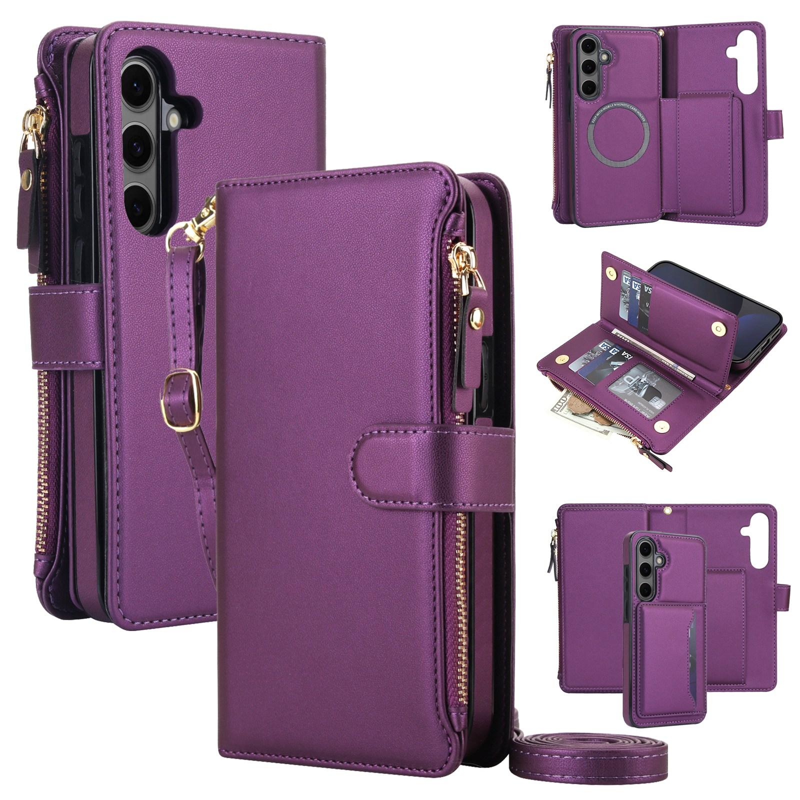 For Galaxy S24 FE 5G KLT-033 Detachable 2 in 1 Zipper Wallet Magnetic Phone Case with Lanyard(Purple) - Shopkiz.com