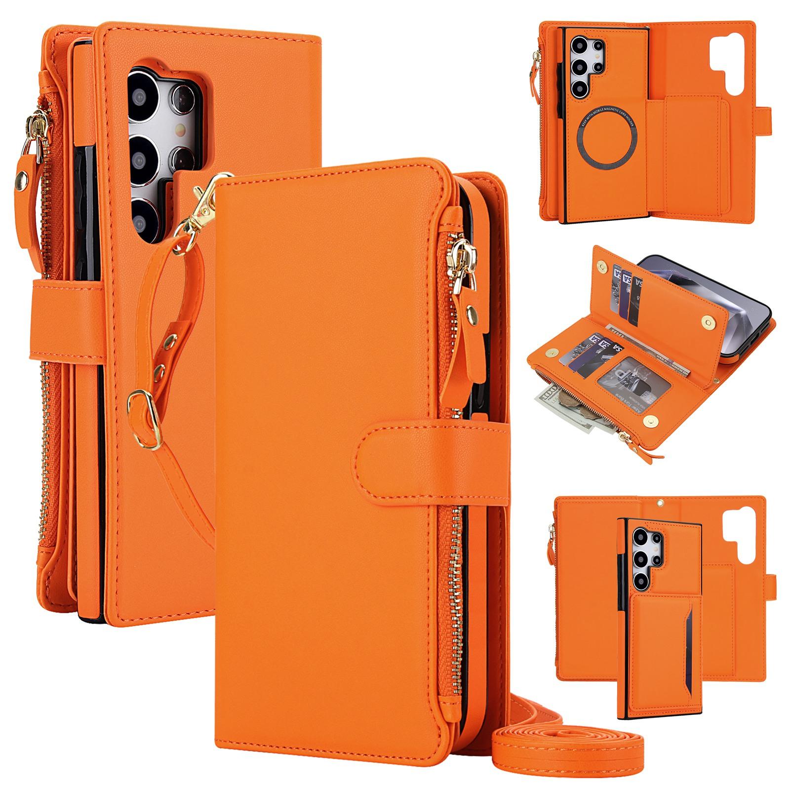 For Galaxy S24 Ultra 5G KLT-033 Detachable 2 in 1 Zipper Wallet Magnetic Phone Case with Lanyard(Orange) - Shopkiz.com