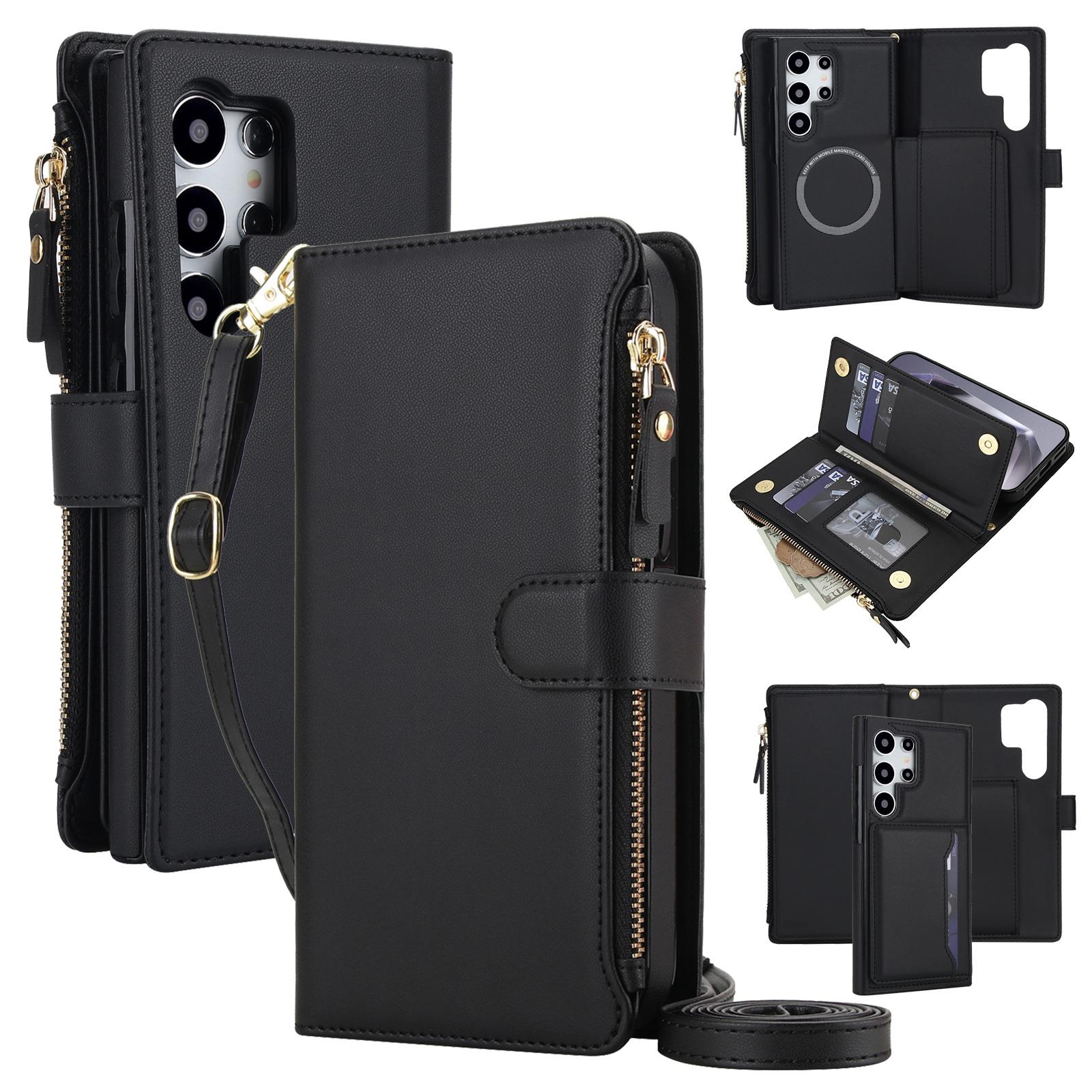 For Galaxy S24 Ultra 5G KLT-033 Detachable 2 in 1 Zipper Wallet Magnetic Phone Case with Lanyard(Black) - Shopkiz.com