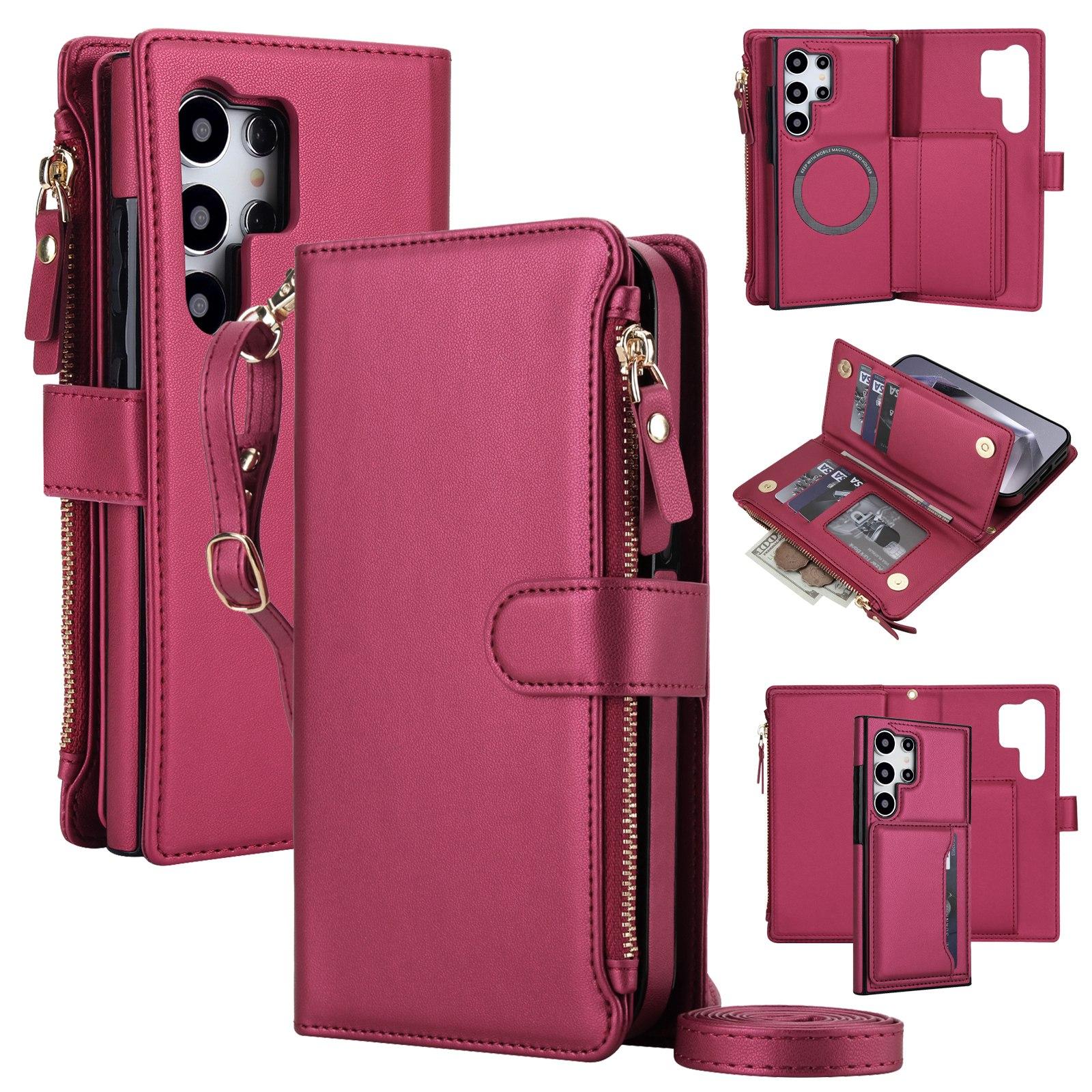 For Galaxy S24 Ultra 5G KLT-033 Detachable 2 in 1 Zipper Wallet Magnetic Phone Case with Lanyard(Red) - Shopkiz.com