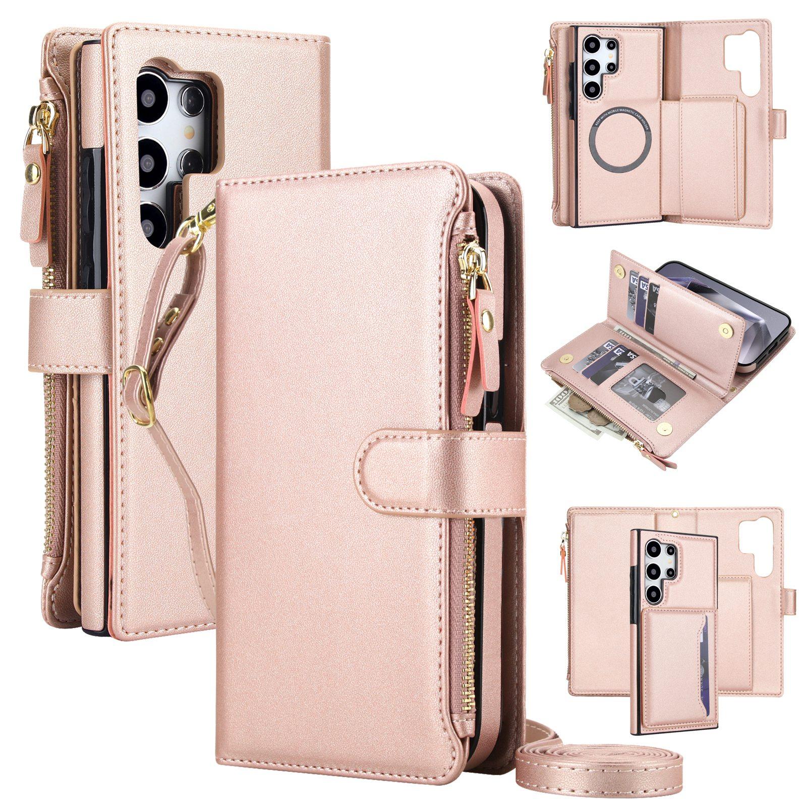 For Galaxy S24 Ultra 5G KLT-033 Detachable 2 in 1 Zipper Wallet Magnetic Phone Case with Lanyard(Rose Gold) - Shopkiz.com