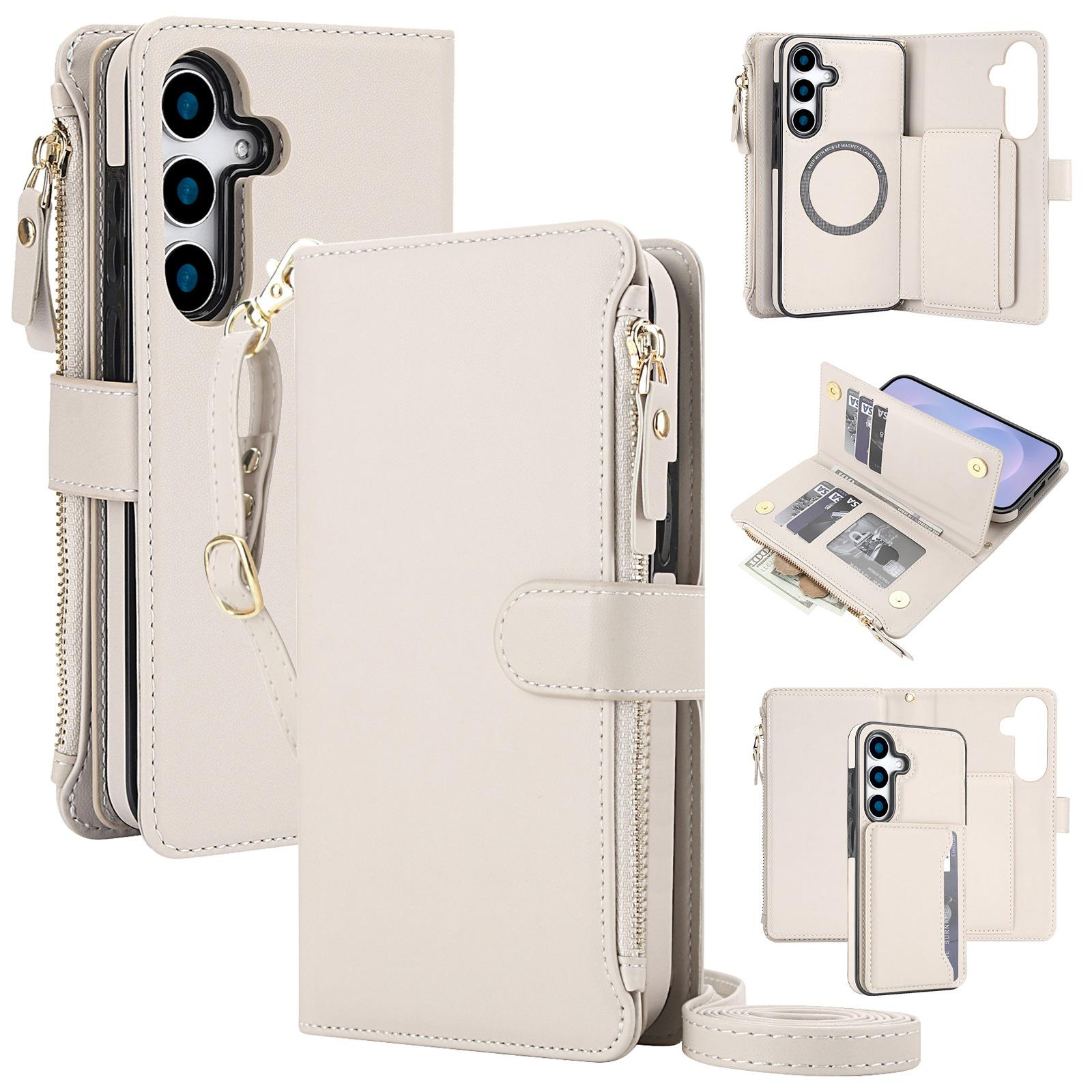 For Galaxy S24+ 5G KLT-033 Detachable 2 in 1 Zipper Wallet Magnetic Phone Case with Lanyard(Apricot) - Shopkiz.com