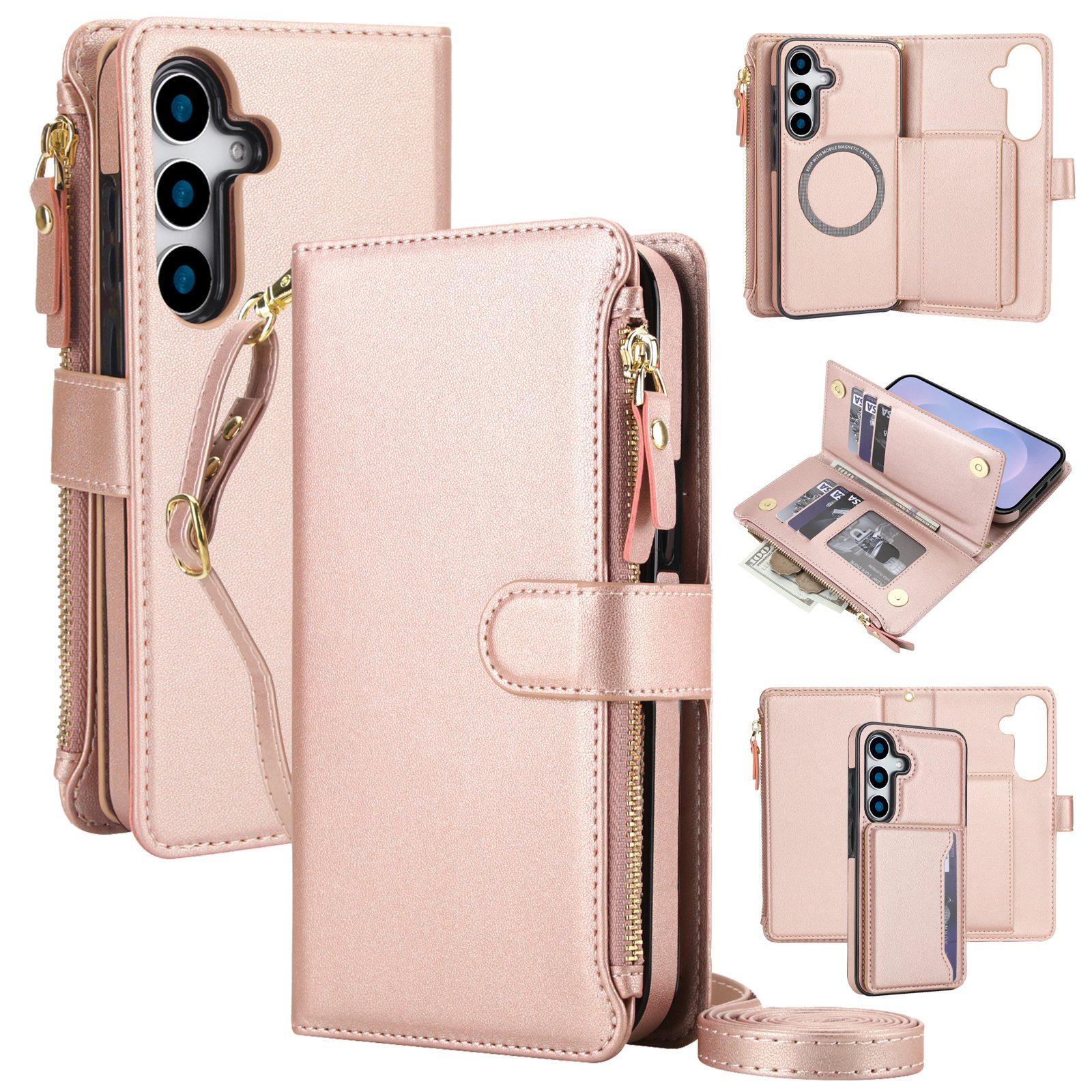 For Galaxy S24+ 5G KLT-033 Detachable 2 in 1 Zipper Wallet Magnetic Phone Case with Lanyard(Rose Gold) - Shopkiz.com