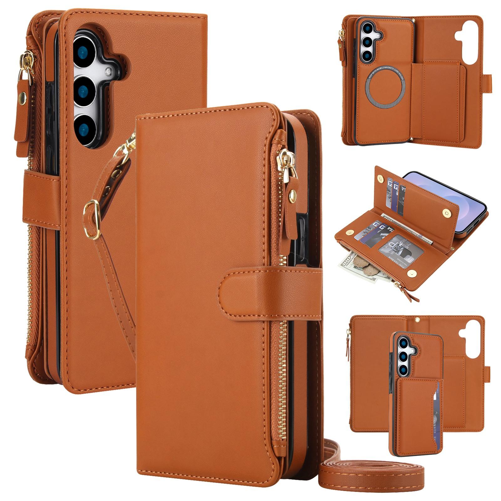 For Galaxy S24+ 5G KLT-033 Detachable 2 in 1 Zipper Wallet Magnetic Phone Case with Lanyard(Brown) - Shopkiz.com