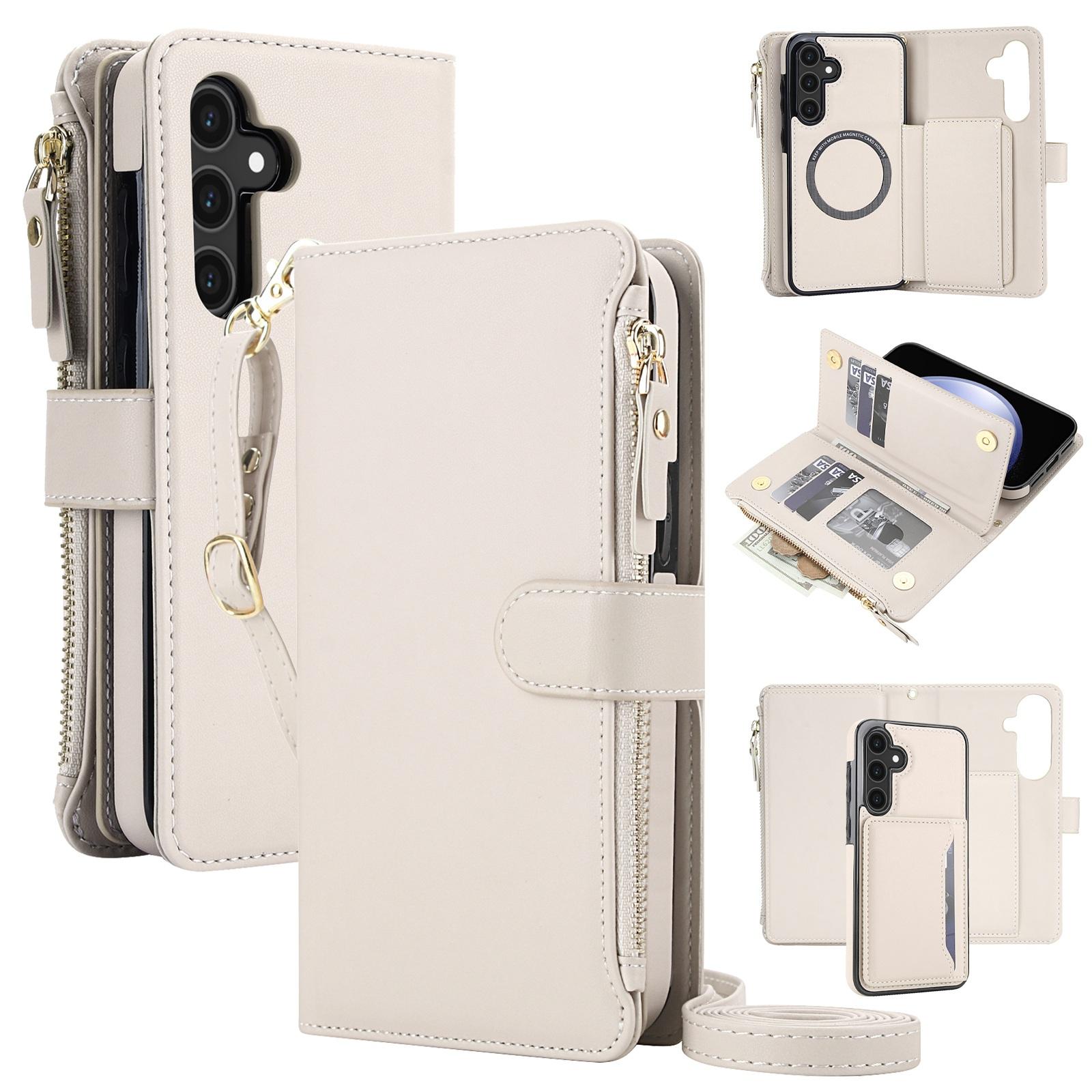 For Galaxy S23 FE 5G KLT-033 Detachable 2 in 1 Zipper Wallet Magnetic Phone Case with Lanyard(Apricot) - Shopkiz.com