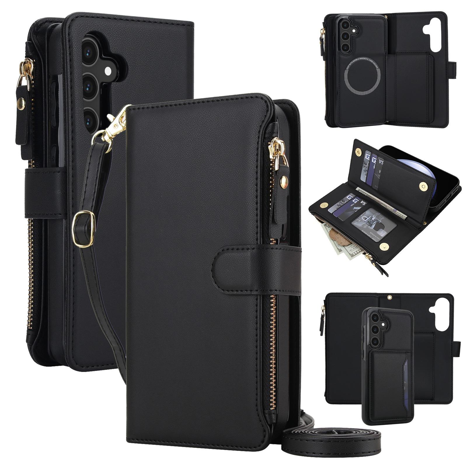 For Galaxy S23 FE 5G KLT-033 Detachable 2 in 1 Zipper Wallet Magnetic Phone Case with Lanyard(Black) - Shopkiz.com