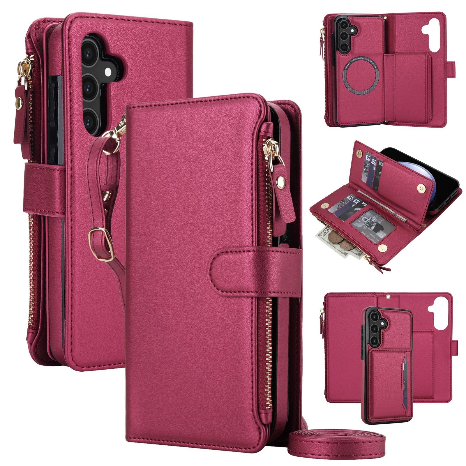 For Galaxy S23 FE 5G KLT-033 Detachable 2 in 1 Zipper Wallet Magnetic Phone Case with Lanyard(Red) - Shopkiz.com