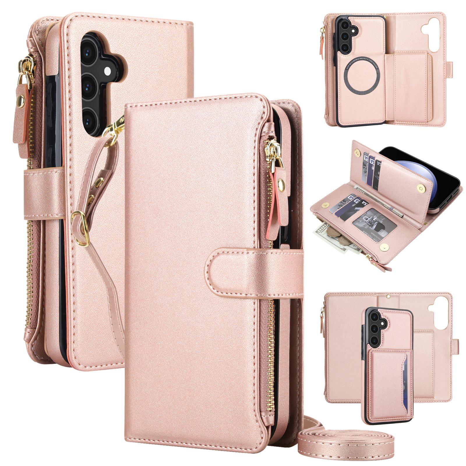 For Galaxy S23 FE 5G KLT-033 Detachable 2 in 1 Zipper Wallet Magnetic Phone Case with Lanyard(Rose Gold) - Shopkiz.com