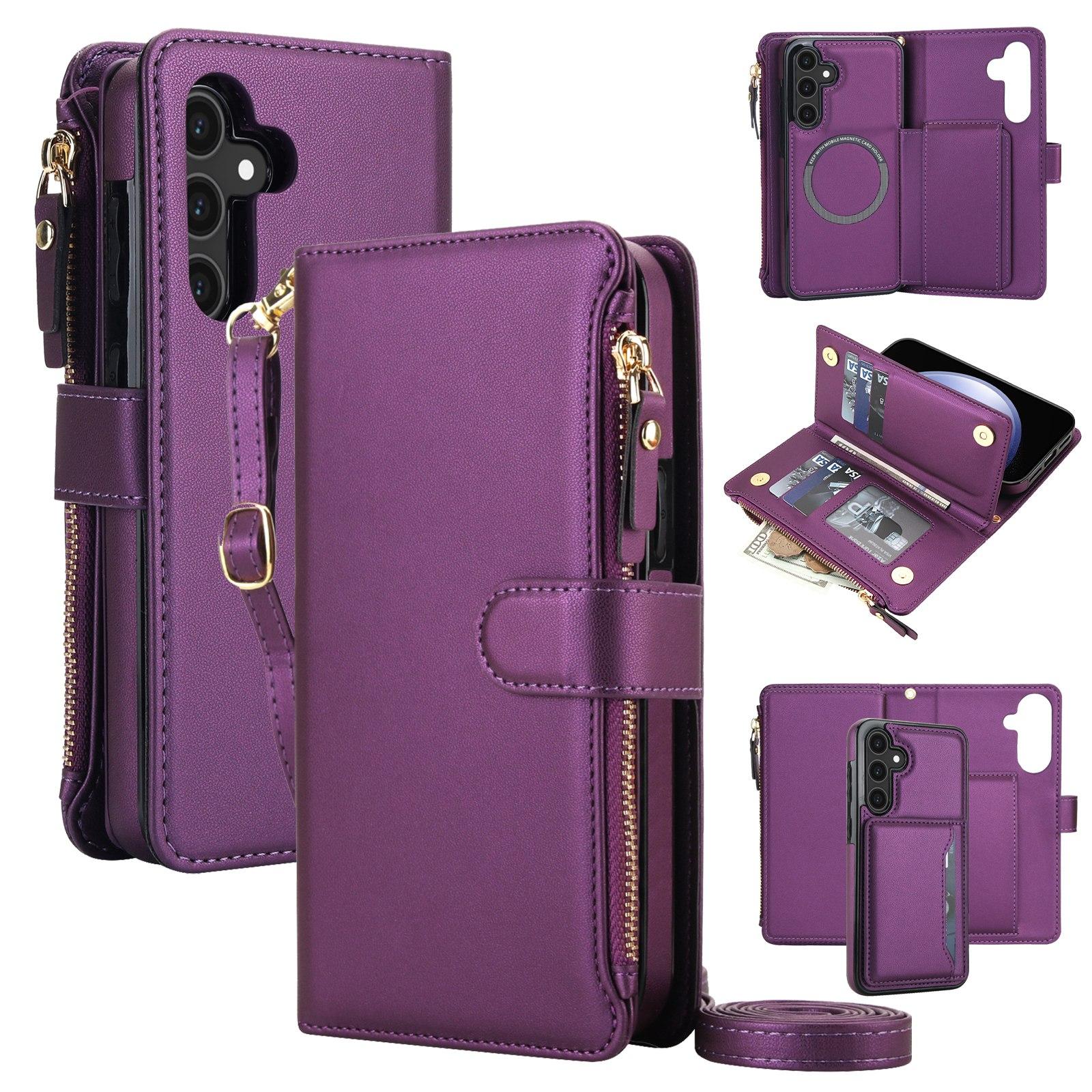 For Galaxy S23 FE 5G KLT-033 Detachable 2 in 1 Zipper Wallet Magnetic Phone Case with Lanyard(Purple) - Shopkiz.com