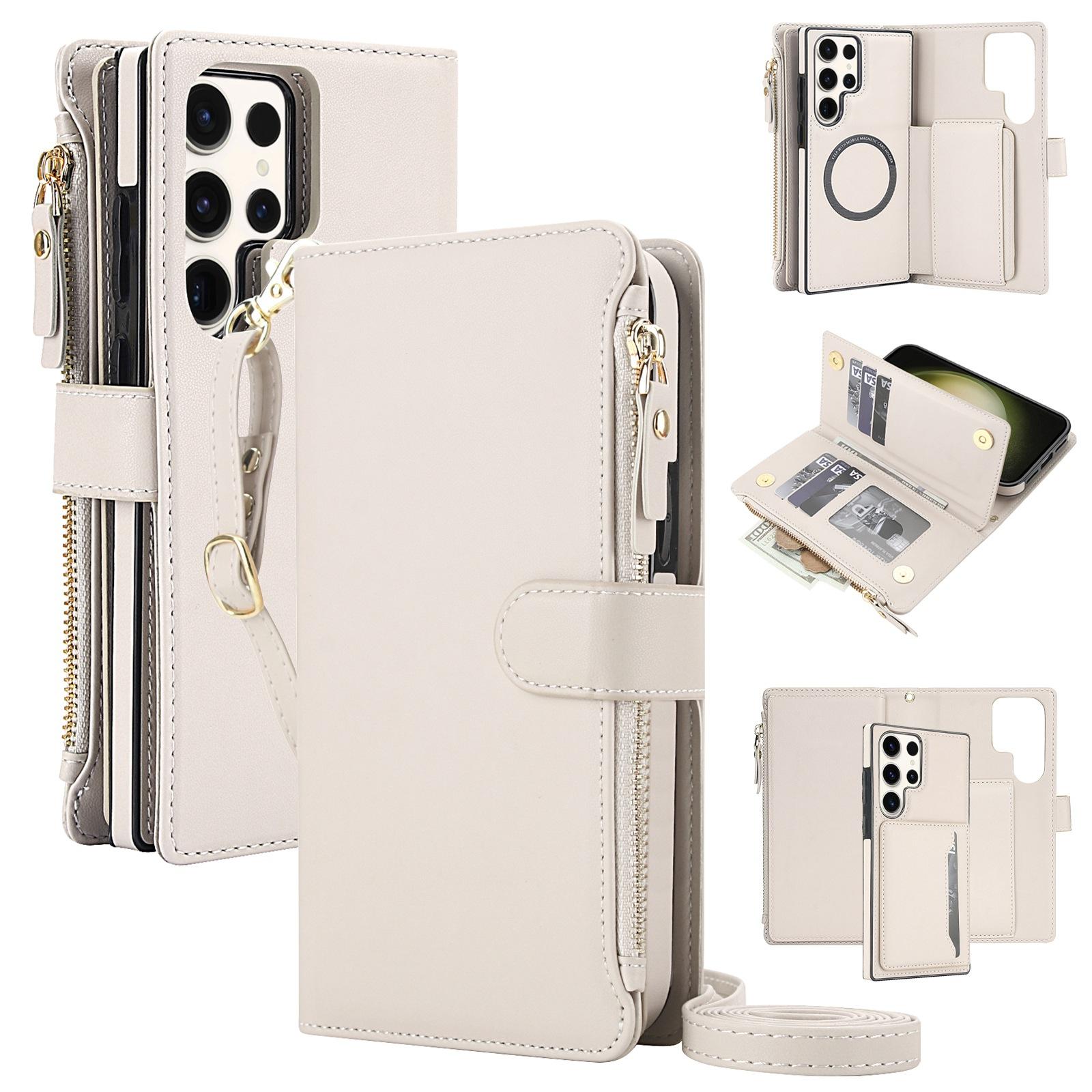 For Galaxy S23 Ultra 5G KLT-033 Detachable 2 in 1 Zipper Wallet Magnetic Phone Case with Lanyard(Apricot) - Shopkiz.com