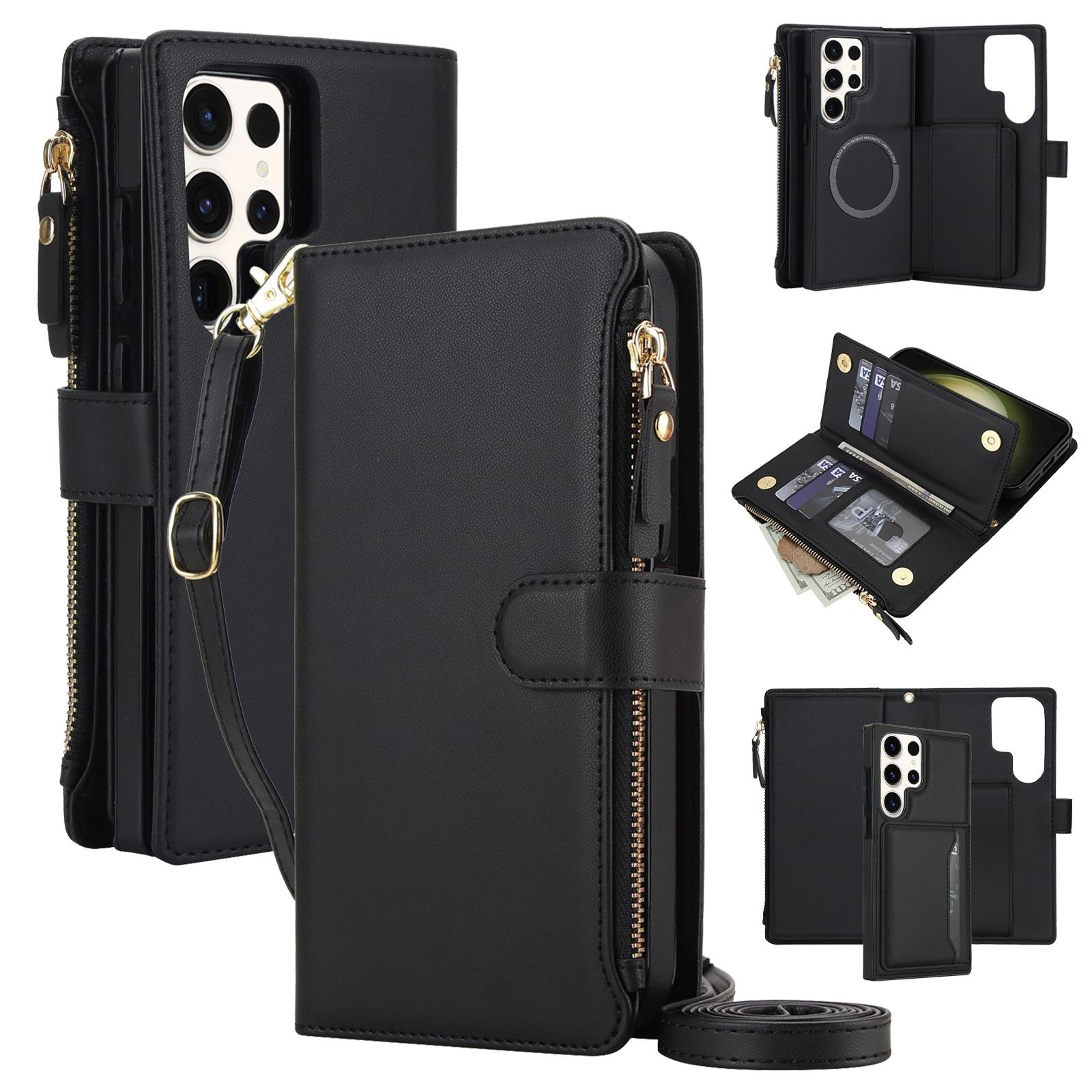 For Galaxy S23 Ultra 5G KLT-033 Detachable 2 in 1 Zipper Wallet Magnetic Phone Case with Lanyard(Black) - Shopkiz.com