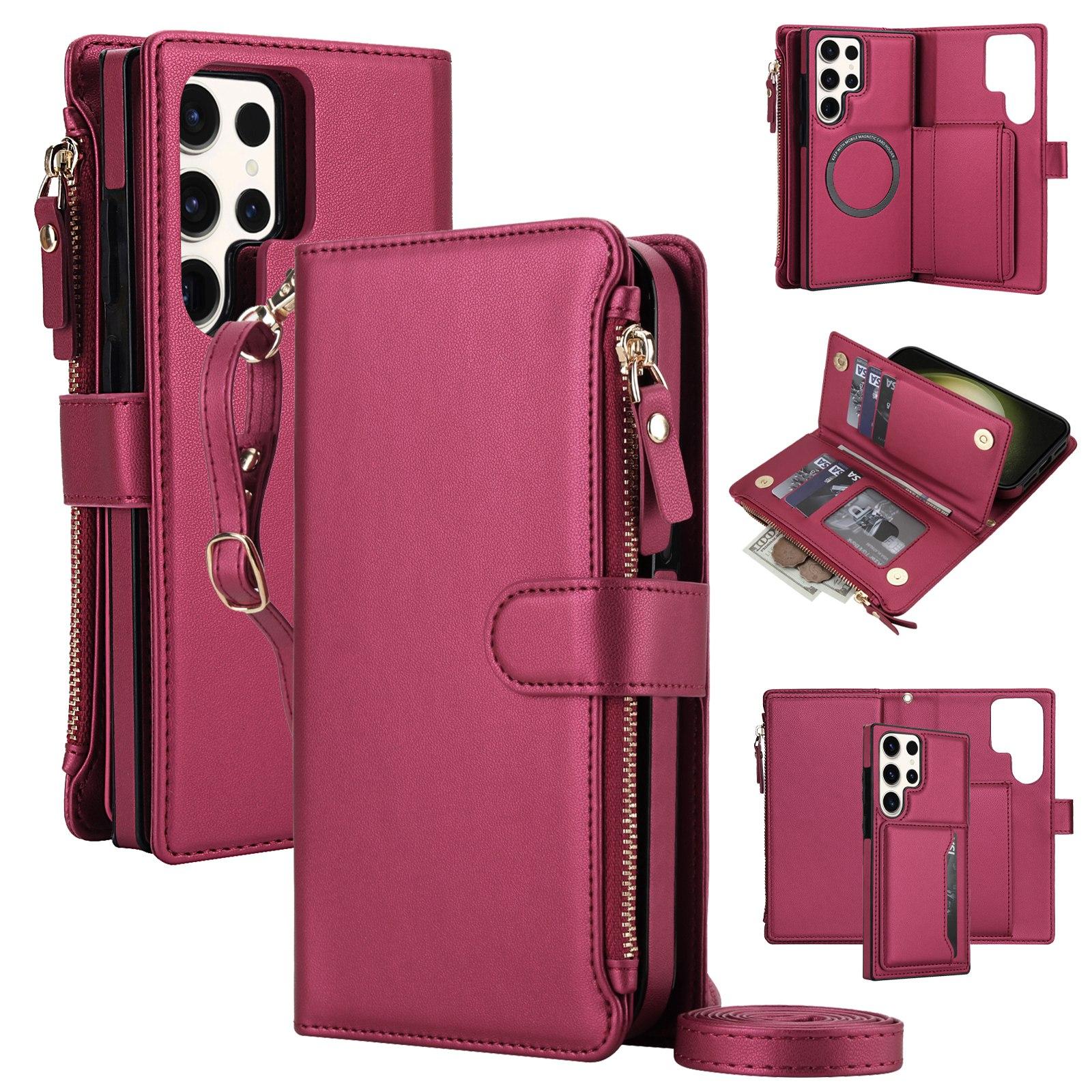 For Galaxy S23 Ultra 5G KLT-033 Detachable 2 in 1 Zipper Wallet Magnetic Phone Case with Lanyard(Red) - Shopkiz.com