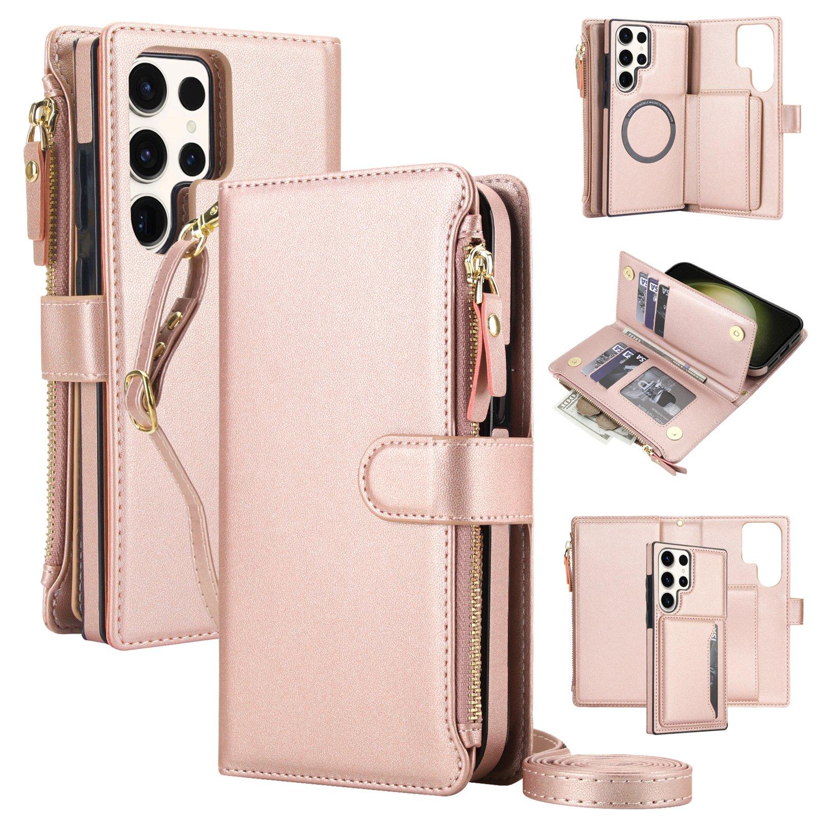 For Galaxy S23 Ultra 5G KLT-033 Detachable 2 in 1 Zipper Wallet Magnetic Phone Case with Lanyard(Rose Gold) - Shopkiz.com