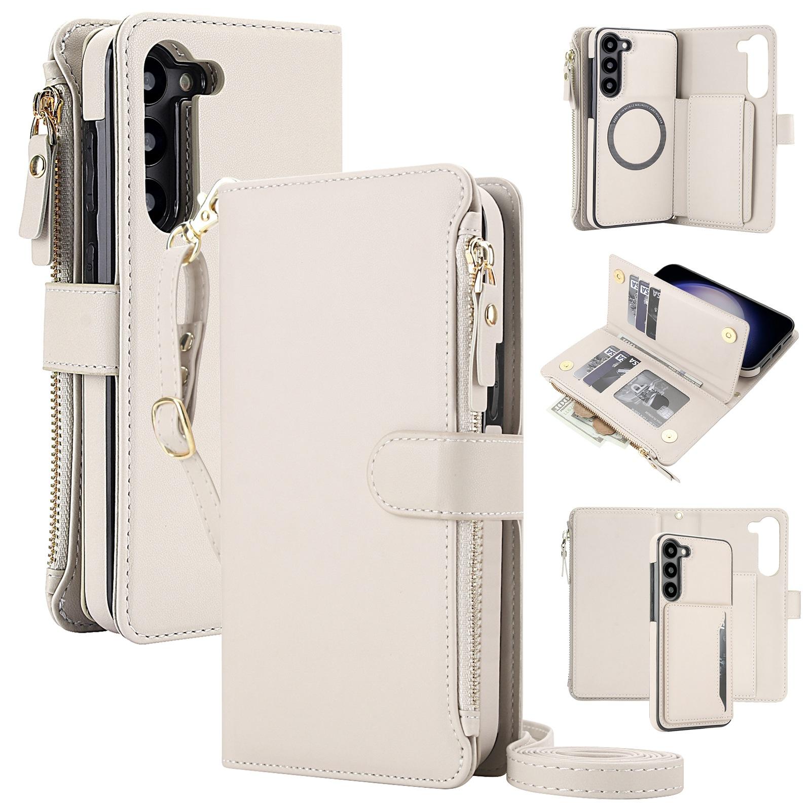 For Galaxy S23+ 5G KLT-033 Detachable 2 in 1 Zipper Wallet Magnetic Phone Case with Lanyard(Apricot) - Shopkiz.com