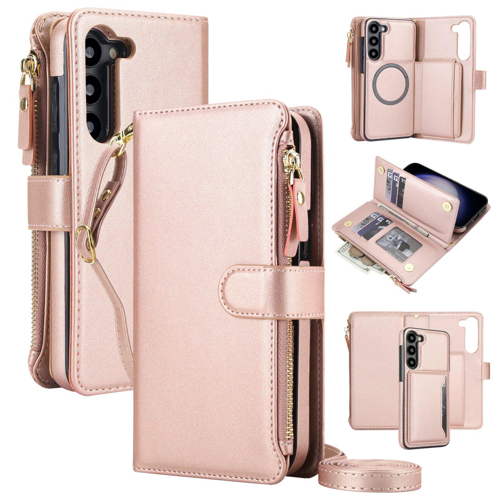 For Galaxy S23+ 5G KLT-033 Detachable 2 in 1 Zipper Wallet Magnetic Phone Case with Lanyard(Rose Gold) - Shopkiz.com
