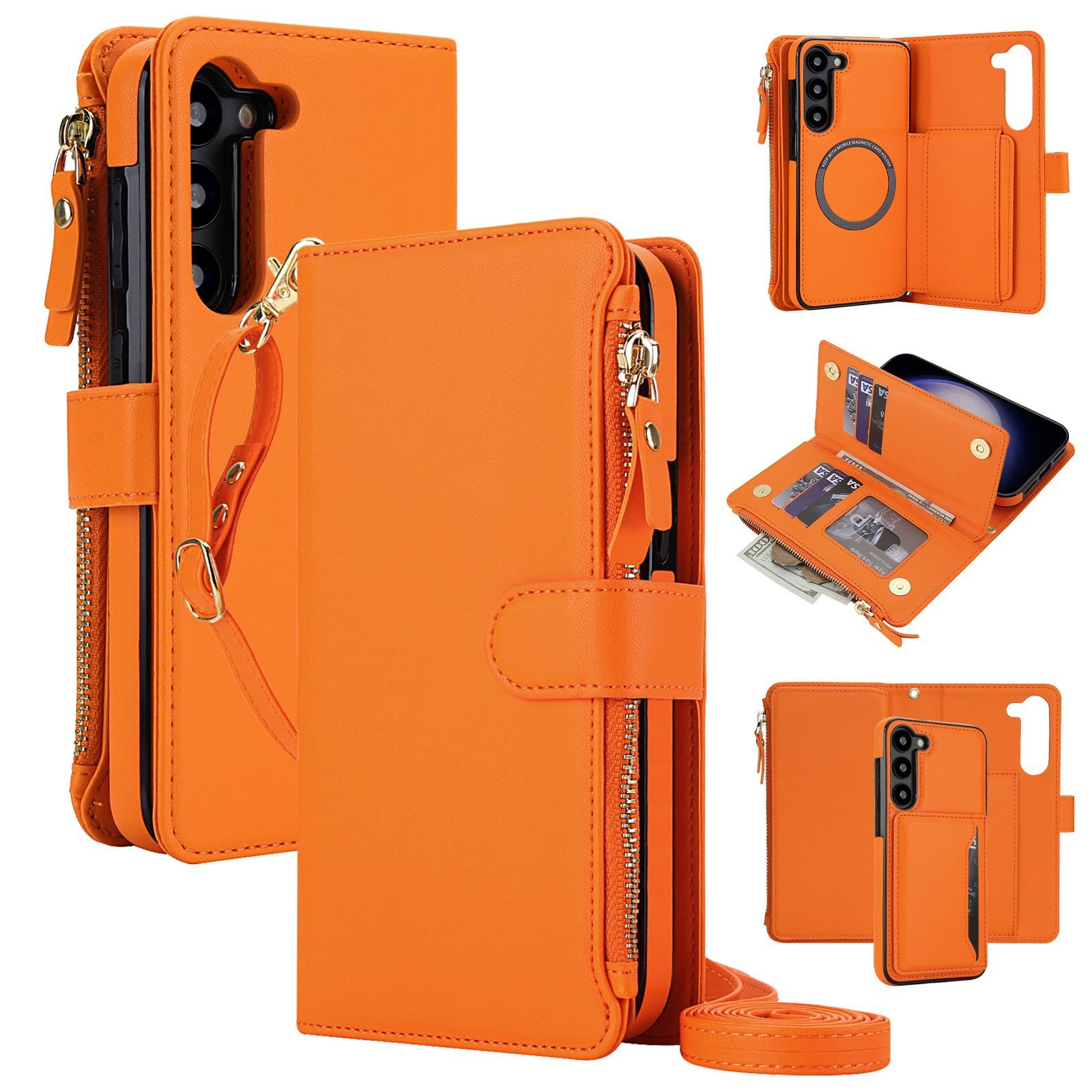 For Galaxy S23 5G KLT-033 Detachable 2 in 1 Zipper Wallet Magnetic Phone Case with Lanyard(Orange) - Shopkiz.com