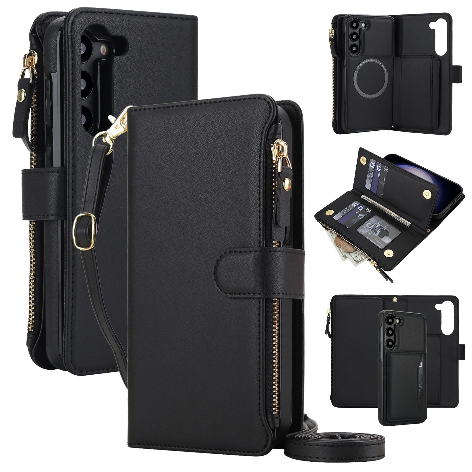 For Galaxy S23 5G KLT-033 Detachable 2 in 1 Zipper Wallet Magnetic Phone Case with Lanyard(Black) - Shopkiz.com