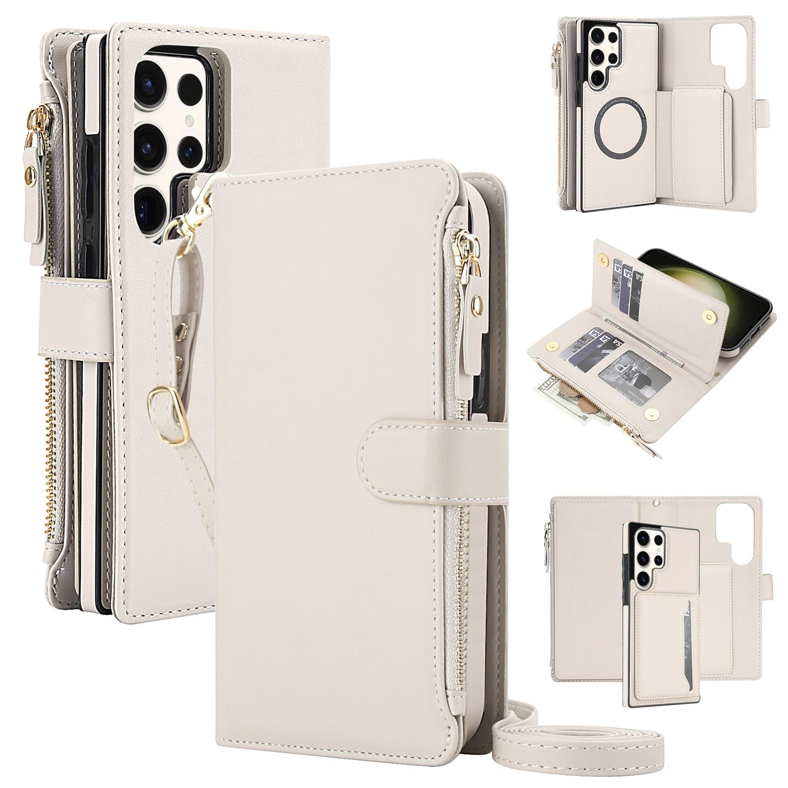 For Galaxy S22 Ultra 5G KLT-033 Detachable 2 in 1 Zipper Wallet Magnetic Phone Case with Lanyard(Apricot) - Shopkiz.com