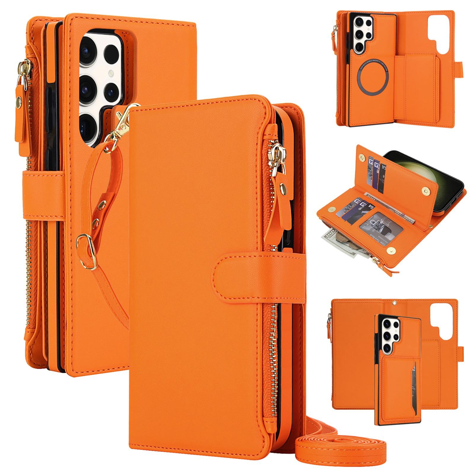 For Galaxy S22 Ultra 5G KLT-033 Detachable 2 in 1 Zipper Wallet Magnetic Phone Case with Lanyard(Orange) - Shopkiz.com