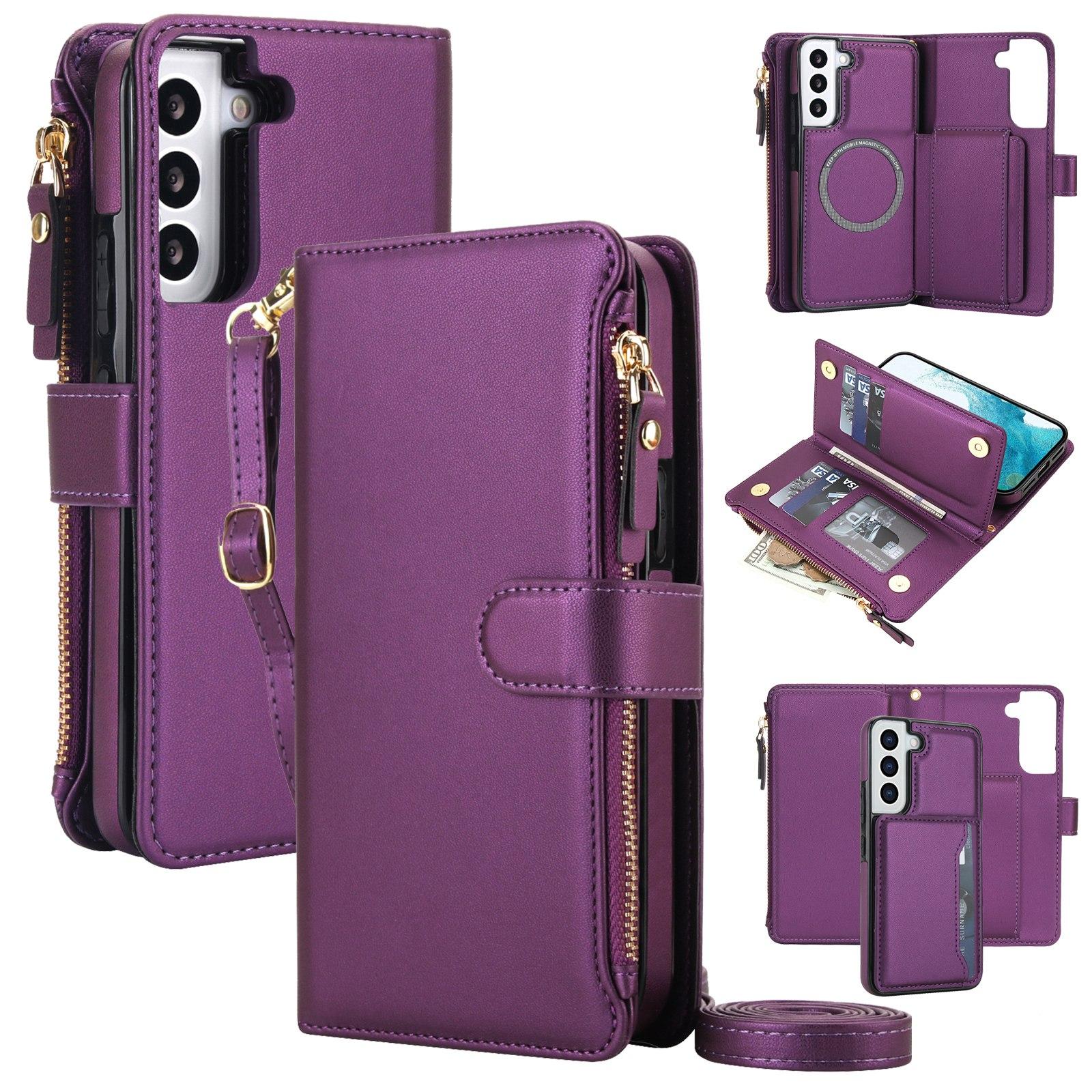 For Galaxy S22+ 5G KLT-033 Detachable 2 in 1 Zipper Wallet Magnetic Phone Case with Lanyard(Purple) - Shopkiz.com