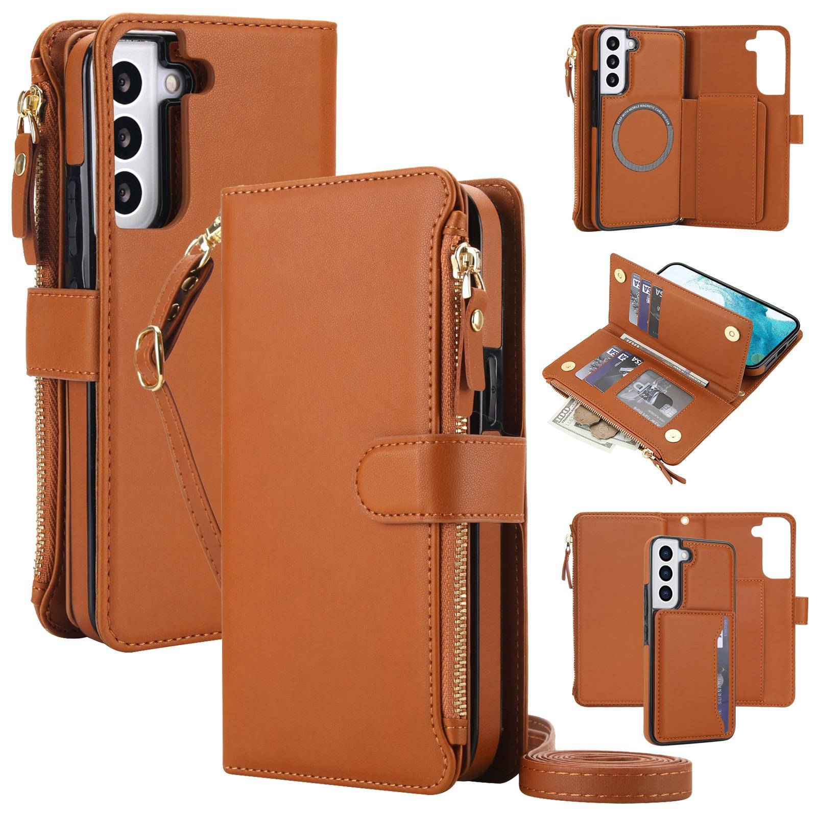 For Galaxy S22+ 5G KLT-033 Detachable 2 in 1 Zipper Wallet Magnetic Phone Case with Lanyard(Brown) - Shopkiz.com